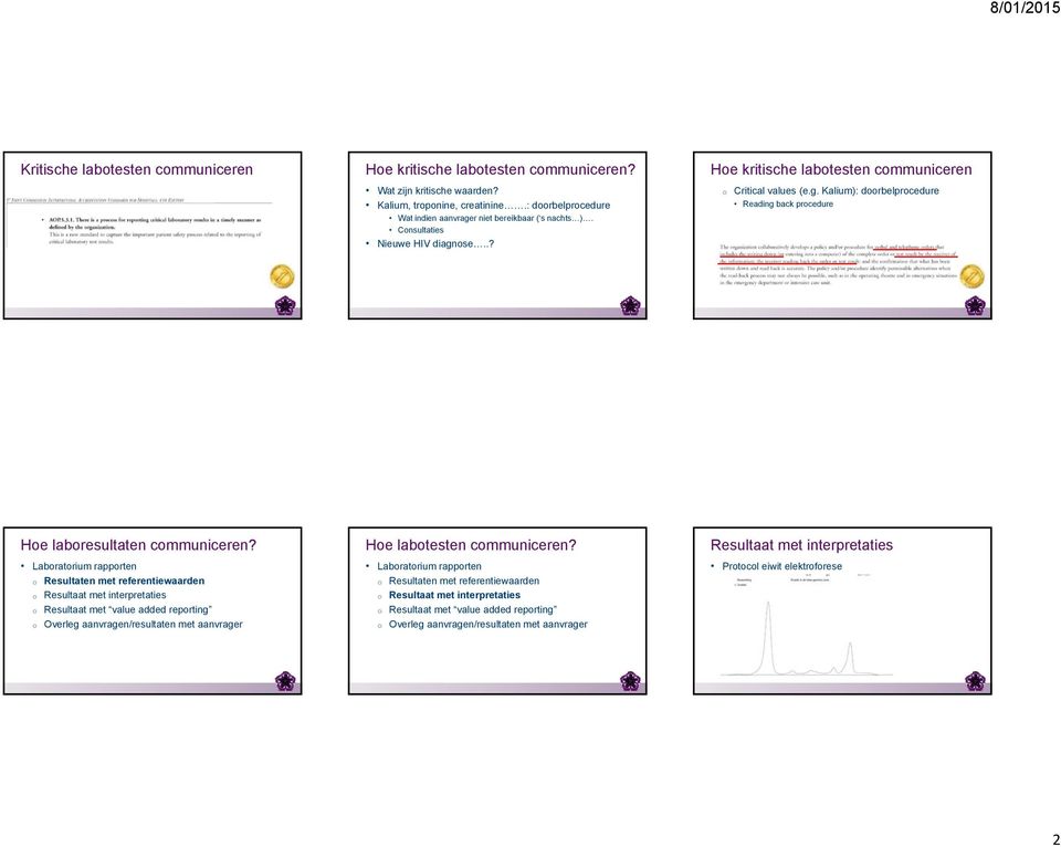 Consultaties Nieuwe HIV diagnose..? Hoe kritische labotesten communiceren o Critical values (e.g. Kalium): doorbelprocedure Reading back procedure Hoe laboresultaten communiceren?