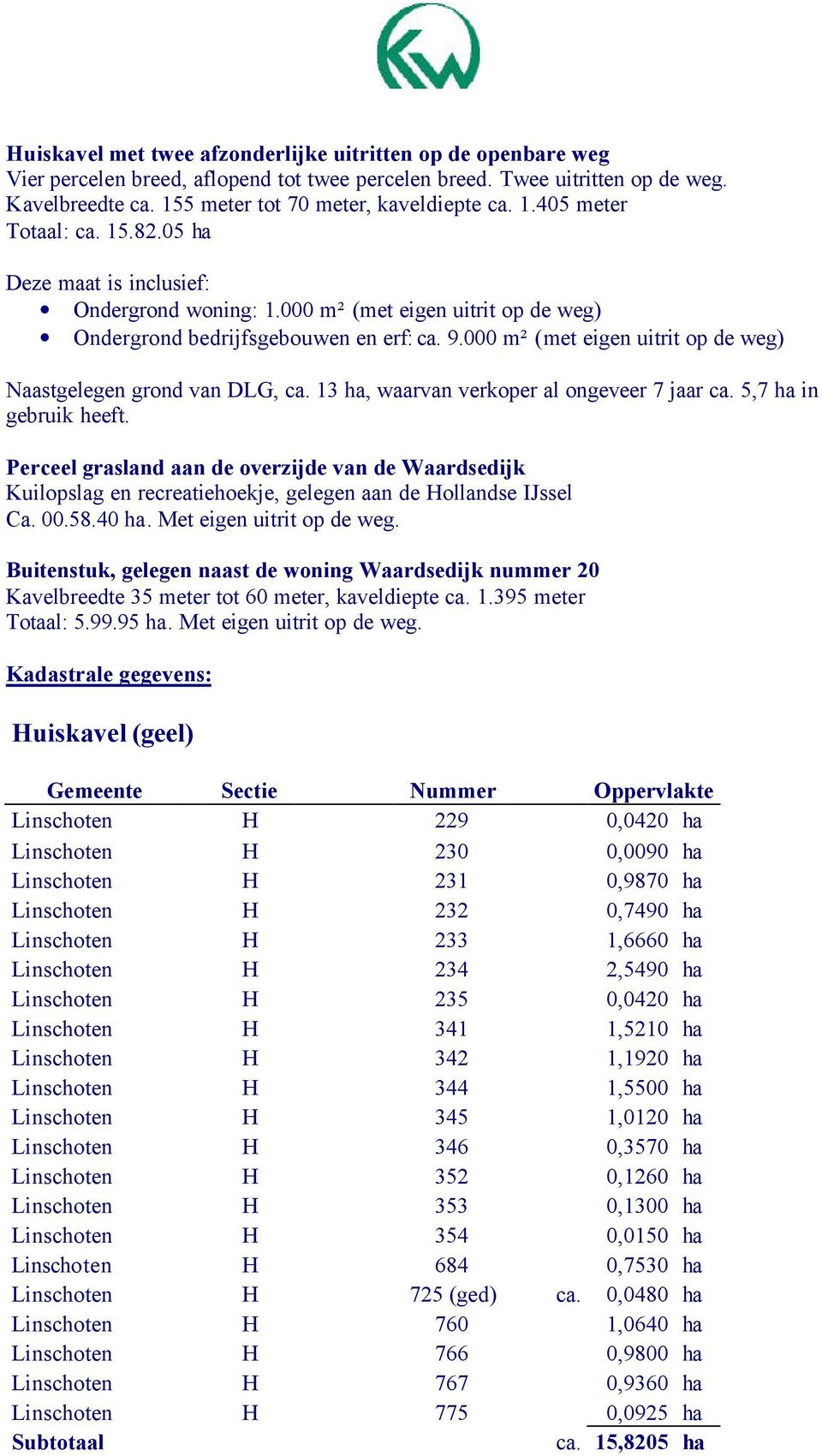 000 m² (met eigen uitrit op de weg) Naastgelegen grond van DLG, ca. 13 ha, waarvan verkoper al ongeveer 7 jaar ca. 5,7 ha in gebruik heeft.