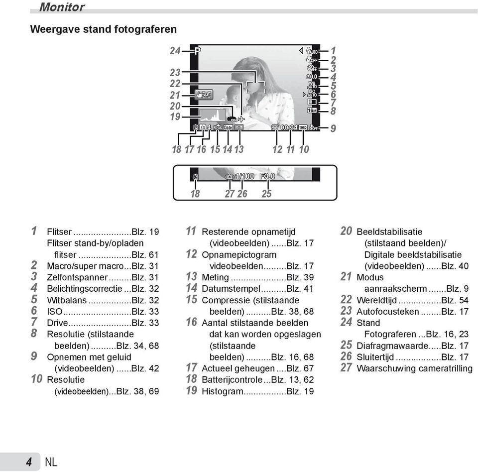 ..blz. 34, 68 9 Opnemen met geluid (videobeelden)...blz. 42 10 Resolutie (videobeelden)...blz. 38, 69 11 Resterende opnametijd (videobeelden)...blz. 17 12 Opnamepictogram videobeelden...blz. 17 13 Meting.