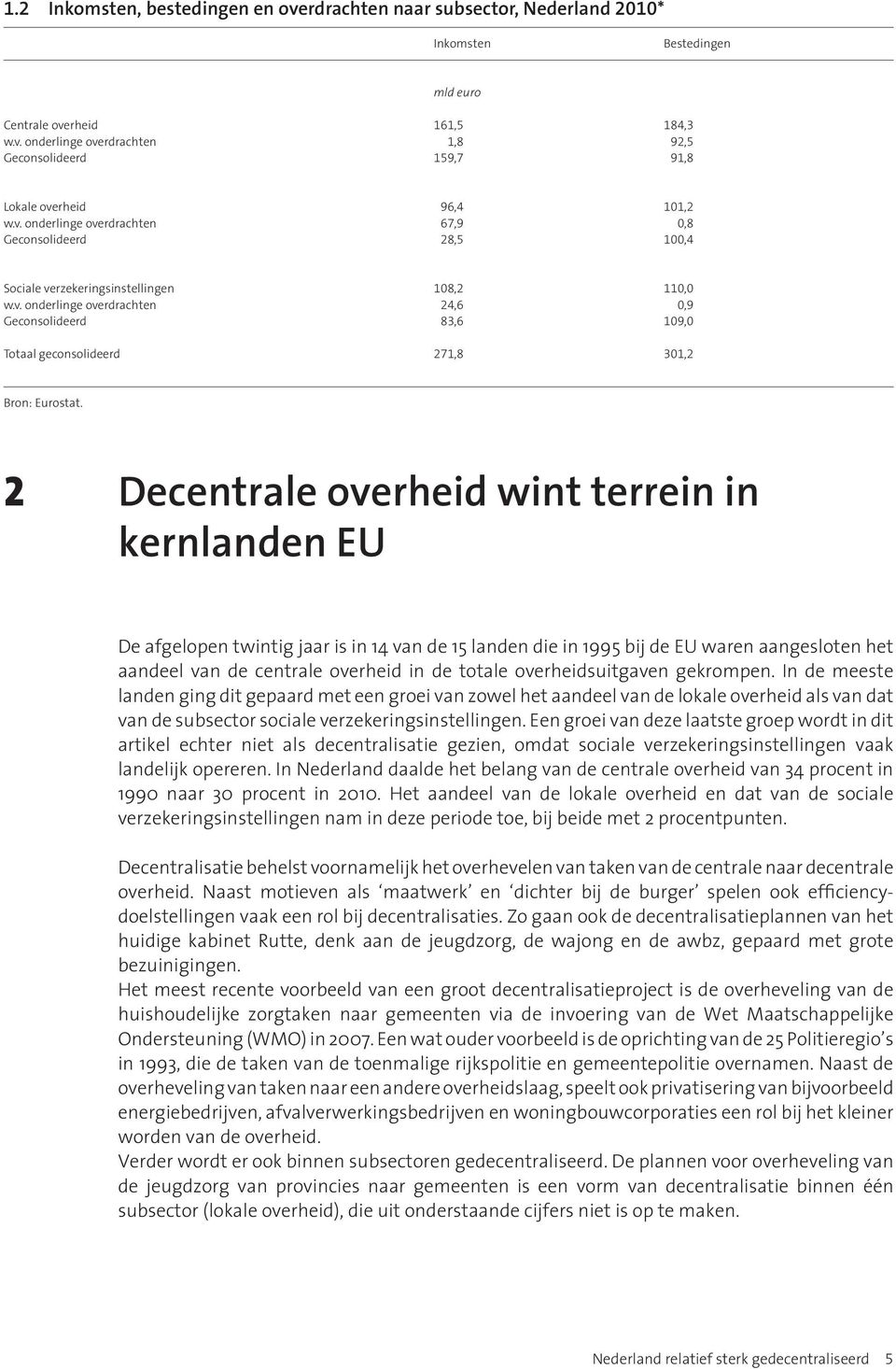 301,2 2 Decentrale overheid wint terrein in kernlanden EU De afgelopen twintig jaar is in 14 van de 15 landen die in 1995 bij de EU waren aangesloten het aandeel van de centrale overheid in de totale