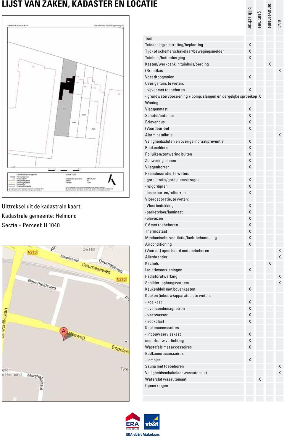 schemerschakelaar/bewegingsmelder Tuinhuis/buitenberging Kasten/werkbank in tuinhuis/berging (Broei)kas Voet droogmolen Overige tuin, te weten: - vijver met toebehoren - grondwatervoorziening + pomp,