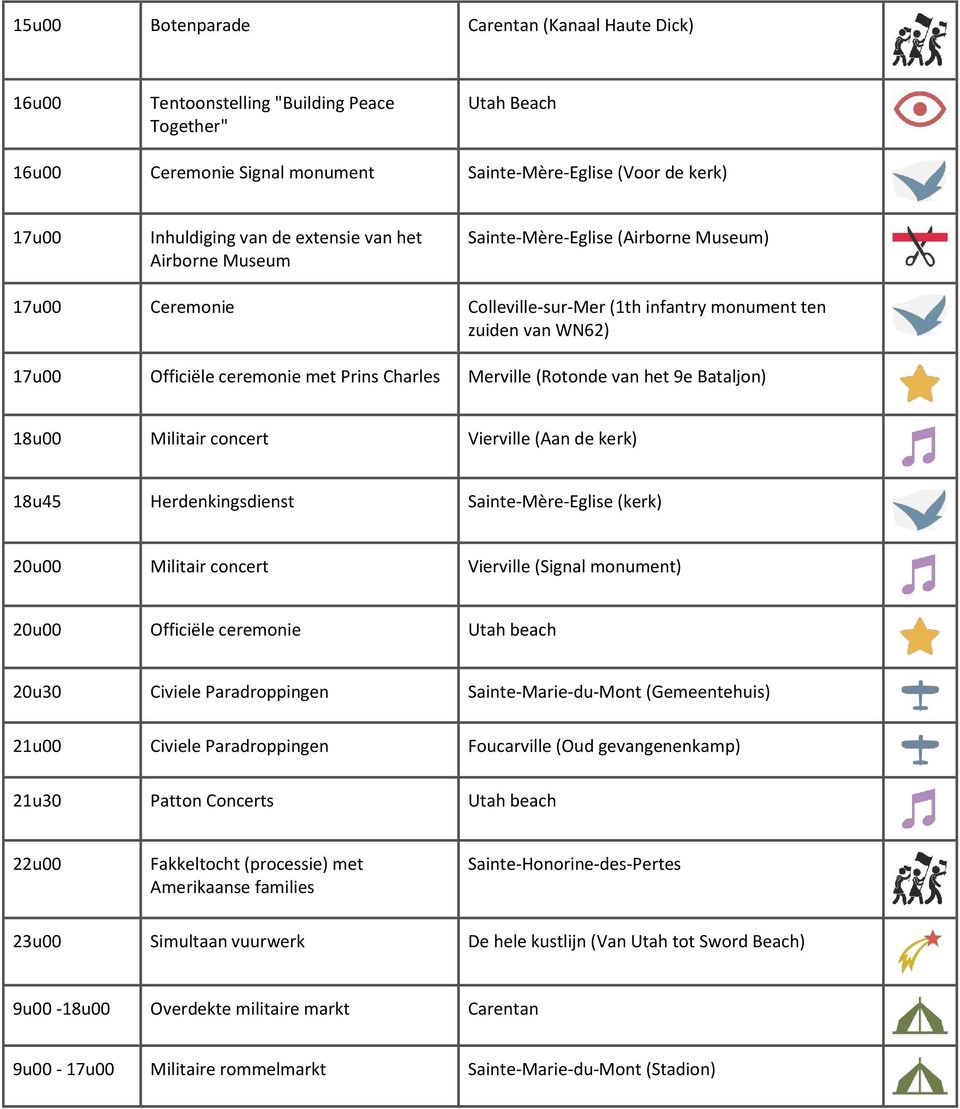Merville (Rotonde van het 9e Bataljon) 18u00 Militair concert Vierville (Aan de kerk) 18u45 Herdenkingsdienst Sainte-Mère-Eglise (kerk) 20u00 Militair concert Vierville (Signal monument) 20u00