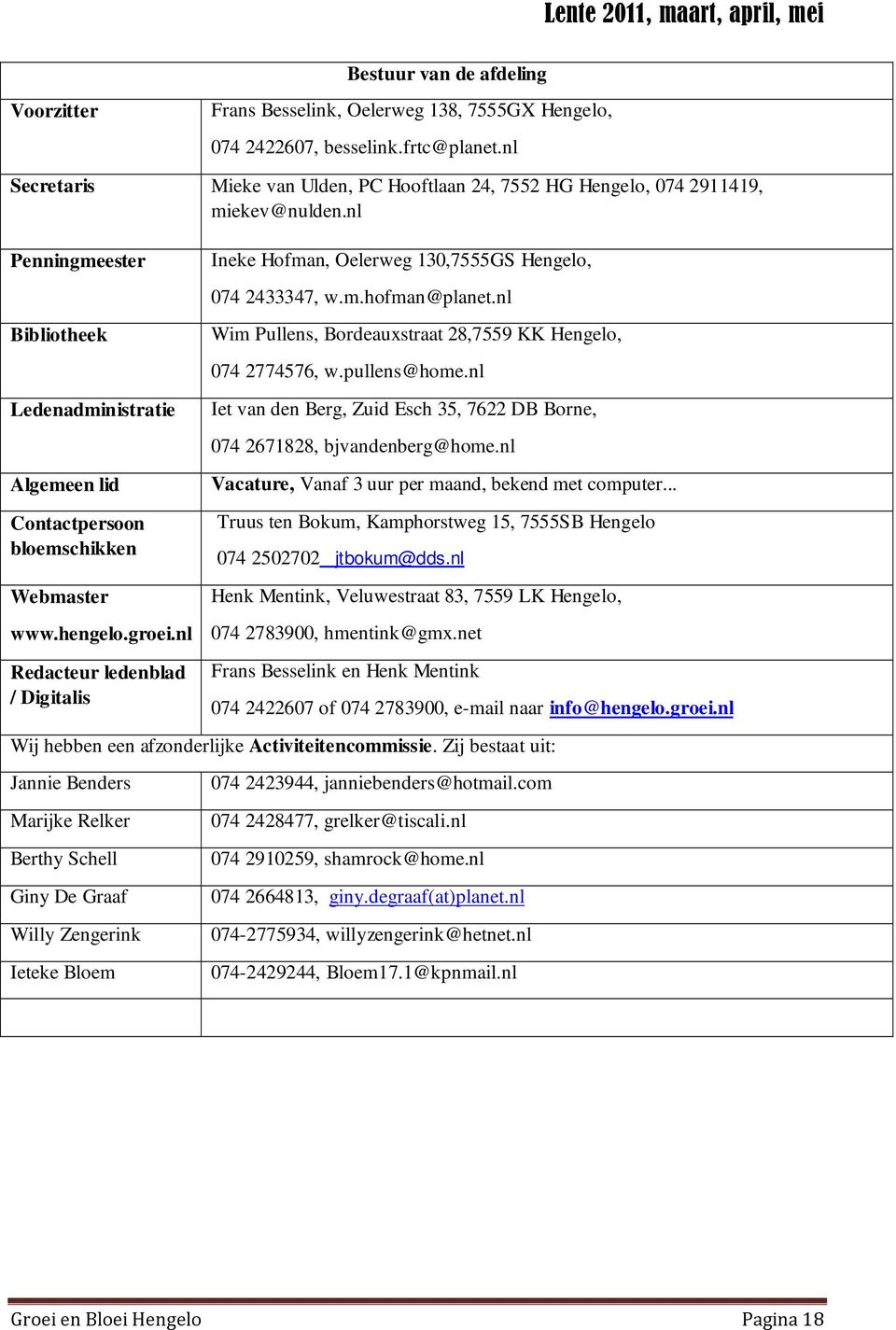 nl Penningmeester Bibliotheek Ledenadministratie Algemeen lid Contactpersoon bloemschikken Ineke Hofman, Oelerweg 130,7555GS Hengelo, 074 2433347, w.m.hofman@planet.
