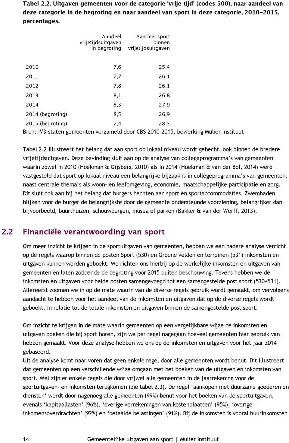 Deze bevinding sluit aan op de analyse van collegeprogramma s van gemeenten waarin zowel in 2010 (Hoekman & Gijsbers, 2010) als in 2014 (Hoekman & van der Bol, 2014) werd vastgesteld dat sport op