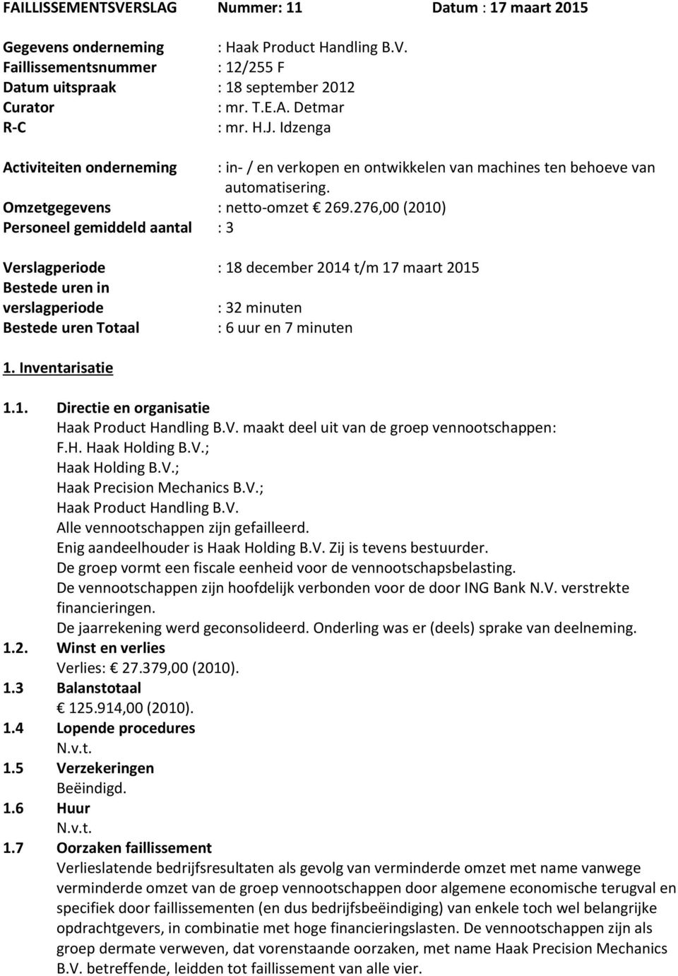 276,00 (2010) Personeel gemiddeld aantal : 3 Verslagperiode : 18 december 2014 t/m 17 maart 2015 Bestede uren in verslagperiode : 32 minuten Bestede uren Totaal : 6 uur en 7 minuten 1.