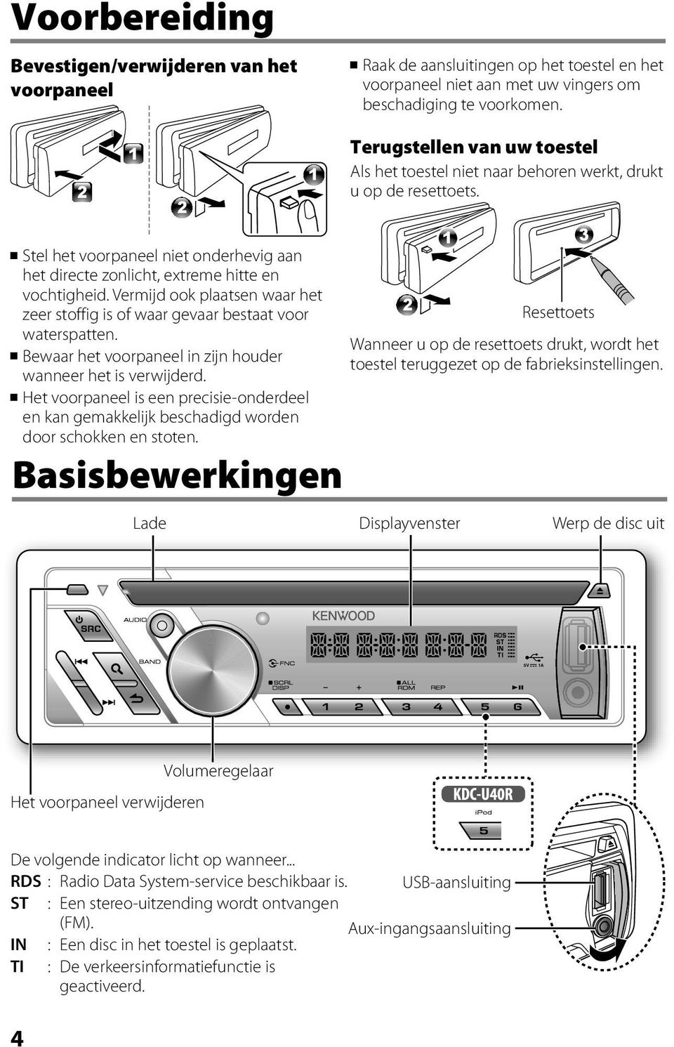 Bewaar het voorpaneel in zijn houder wanneer het is verwijderd. Het voorpaneel is een precisie-onderdeel en kan gemakkelijk beschadigd worden door schokken en stoten.