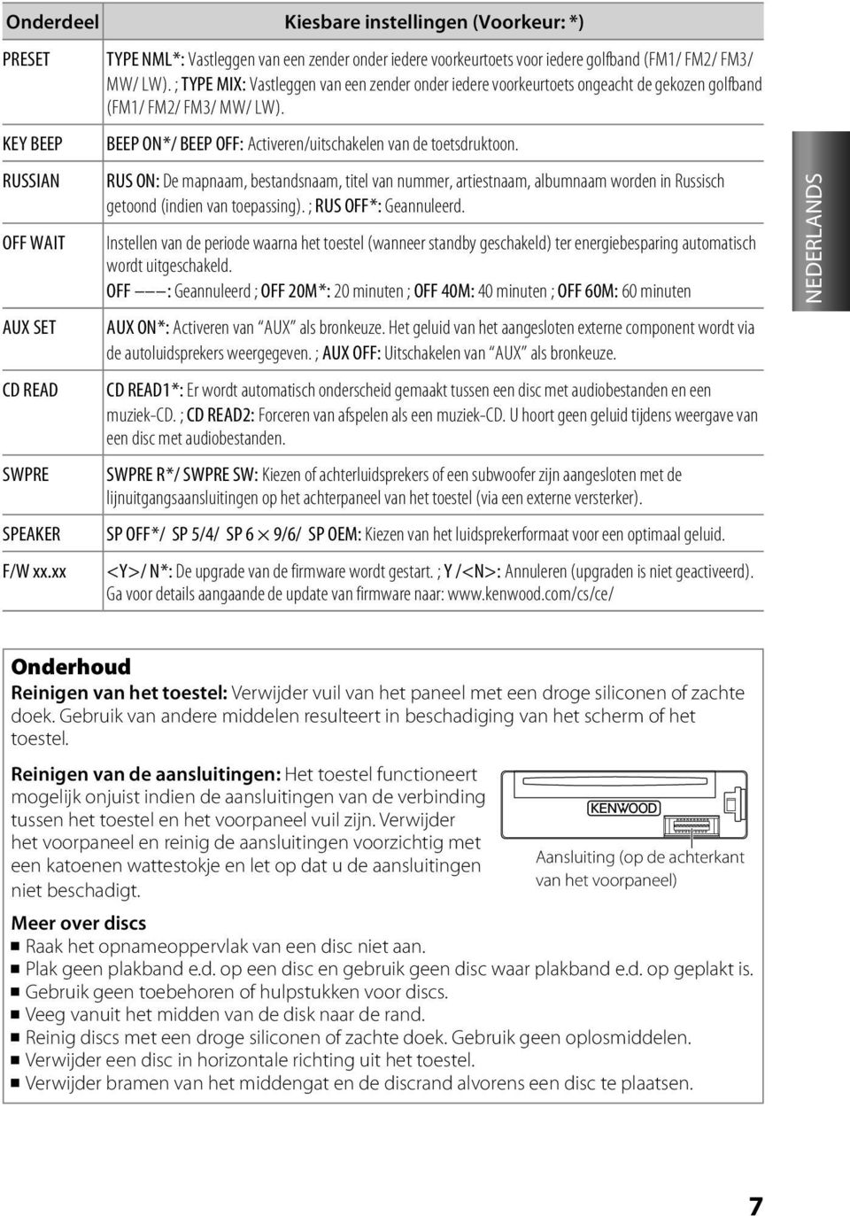 ; TYPE MIX: Vastleggen van een zender onder iedere voorkeurtoets ongeacht de gekozen golfband (FM1/ FM2/ FM3/ MW/ LW). BEEP ON */ BEEP OFF: Activeren/uitschakelen van de toetsdruktoon.