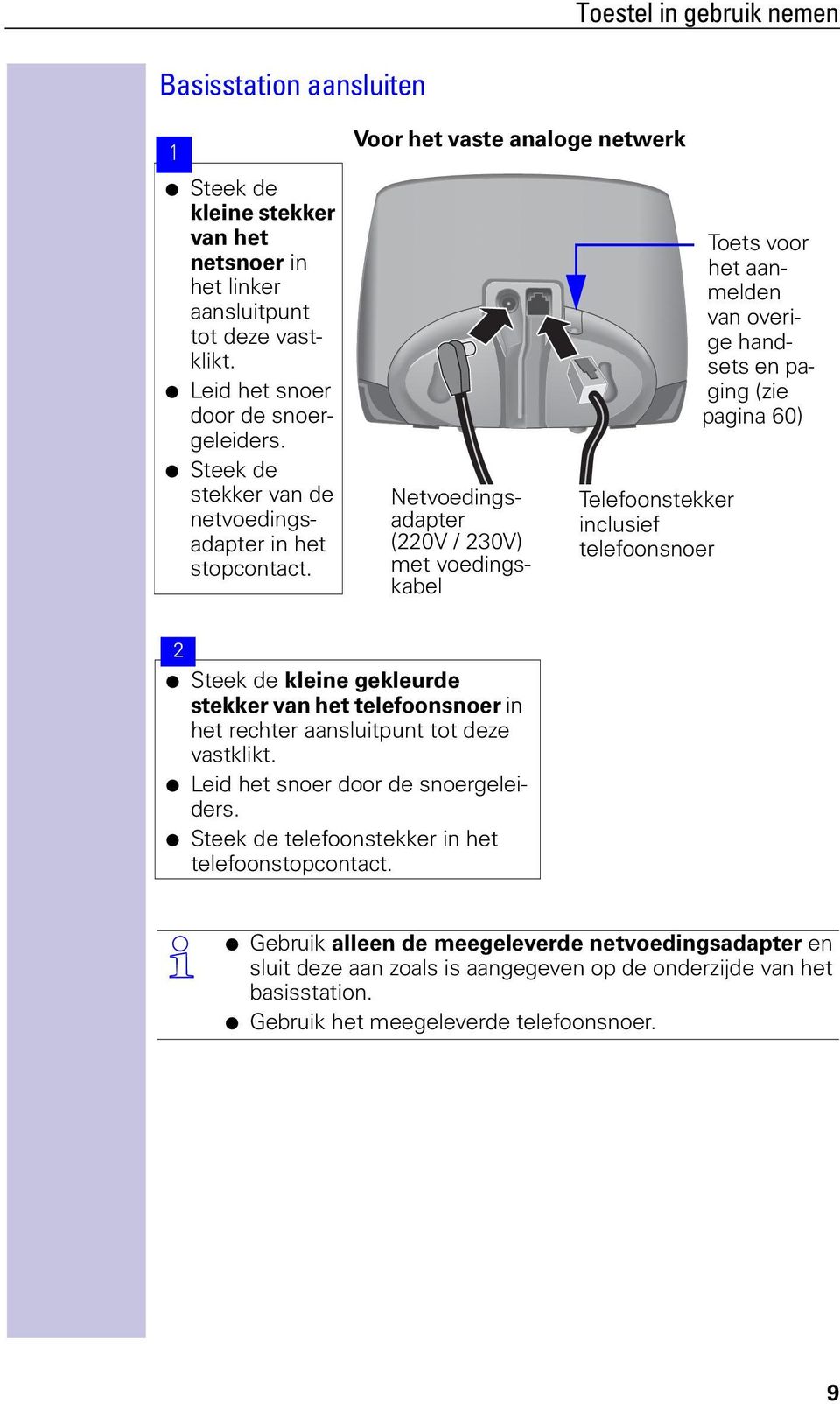 Netvoedingsadapter (220V / 230V) met voedingskabel Telefoonstekker inclusief telefoonsnoer Toets voor het aanmelden van overige handsets en paging (zie pagina 60) 2 Steek de kleine gekleurde stekker