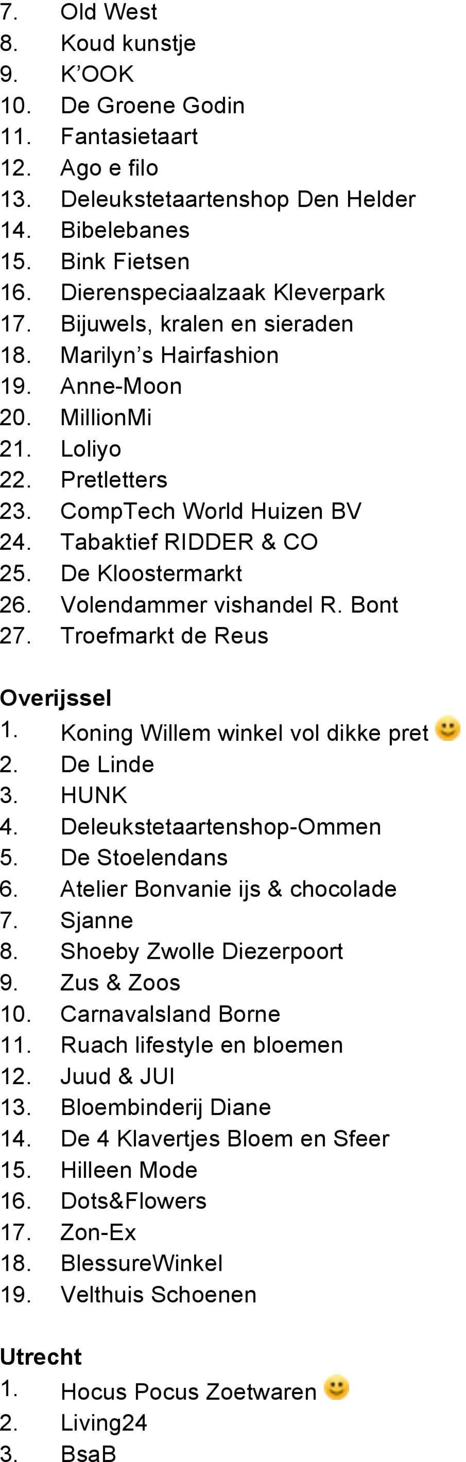 Volendammer vishandel R. Bont 27. Troefmarkt de Reus Overijssel 1. Koning Willem winkel vol dikke pret 2. De Linde 3. HUNK 4. Deleukstetaartenshop-Ommen 5. De Stoelendans 6.