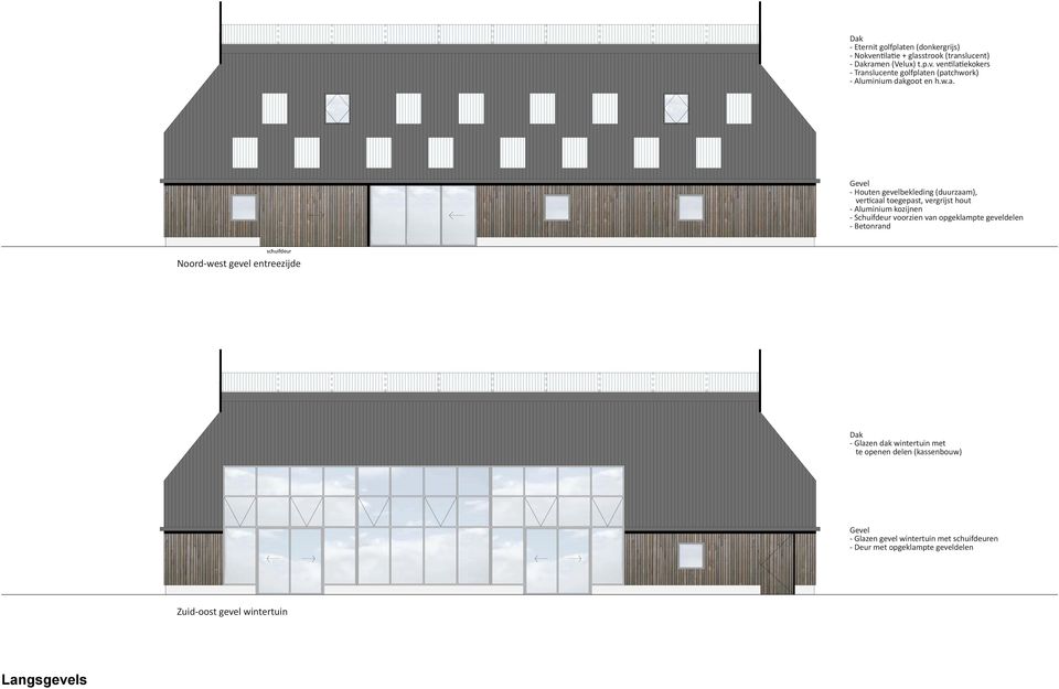 geveldelen - Betonrand schuifdeur Noord-west gevel entreezijde Dak - Glazen dak wintertuin met te openen delen (kassenbouw) Gevel - Glazen