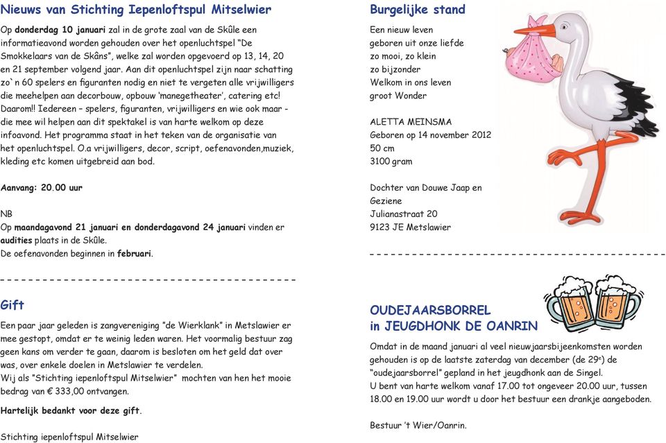 Het programma staat in het teken van de organisatie van het openluchtspel. O.a vrijwilligers, decor, script, oefenavonden,muziek, kleding etc komen uitgebreid aan bod.