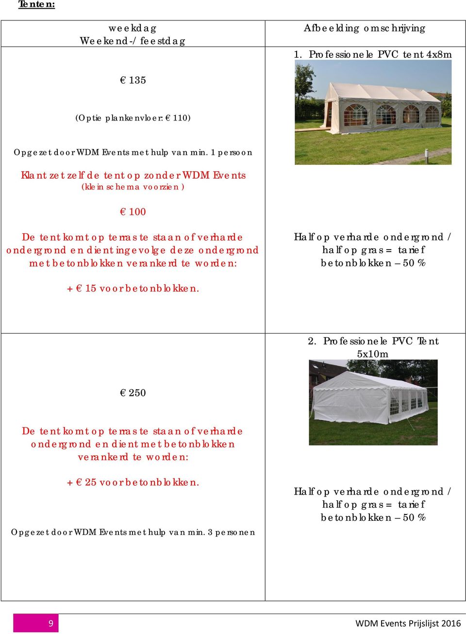 verankerd te worden: Half op verharde ondergrond / half op gras = tarief betonblokken 50 % + 15 voor betonblokken. 2.