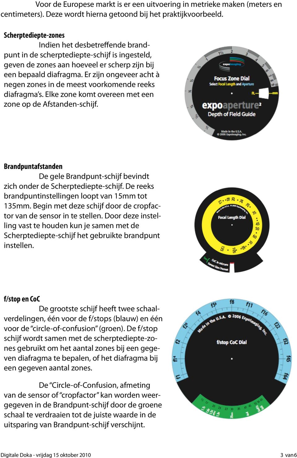 Er zijn ongeveer acht à negen zones in de meest voorkomende reeks diafragma s. Elke zone komt overeen met een zone op de Afstanden-schijf.