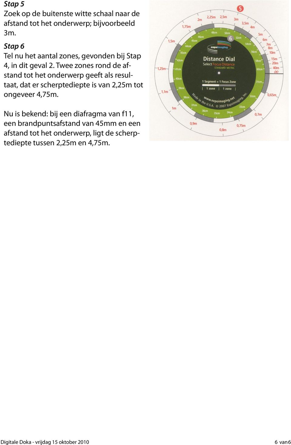 Twee zones rond de afstand tot het onderwerp geeft als resultaat, dat er scherptediepte is van 2,25m tot ongeveer 4,75m.