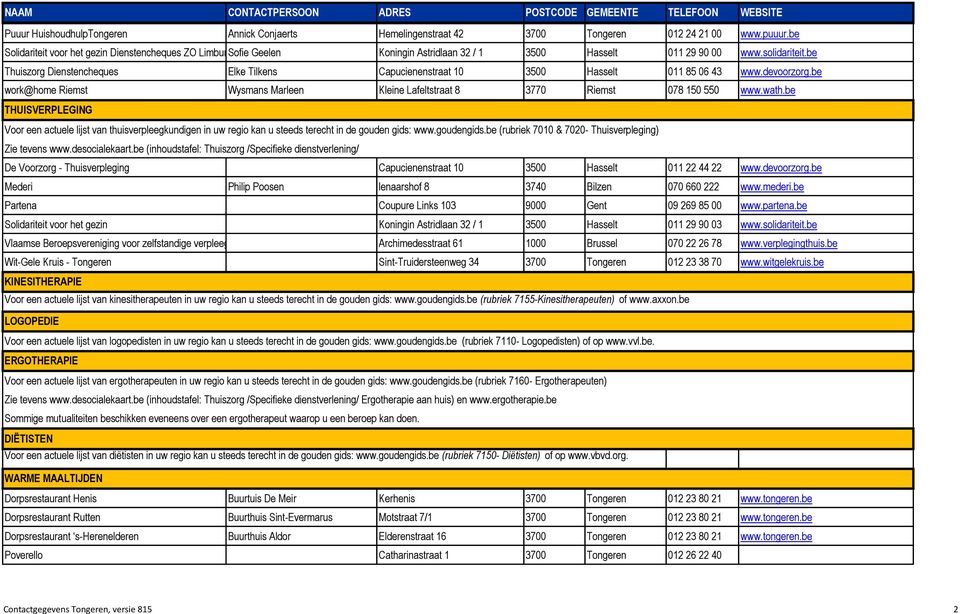 be Thuiszorg Dienstencheques Elke Tilkens Capucienenstraat 10 3500 Hasselt 011 85 06 43 www.devoorzorg.be work@home Riemst Wysmans Marleen Kleine Lafeltstraat 8 3770 Riemst 078 150 550 www.wath.