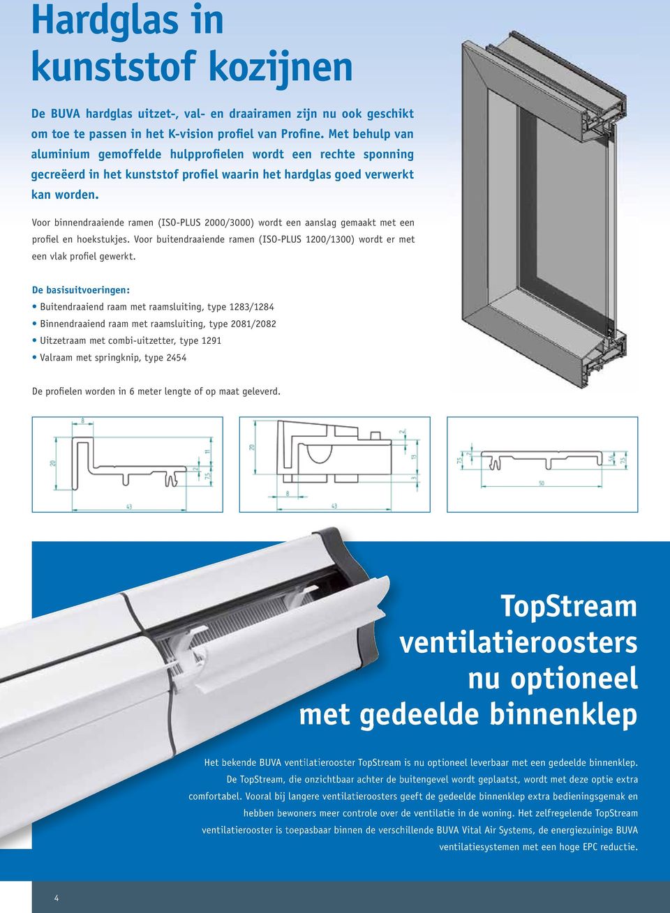 Voor binnendraaiende ramen (ISO-PLUS 2000/3000) wordt een aanslag gemaakt met een profiel en hoekstukjes. Voor buitendraaiende ramen (ISO-PLUS 1200/1300) wordt er met een vlak profiel gewerkt.