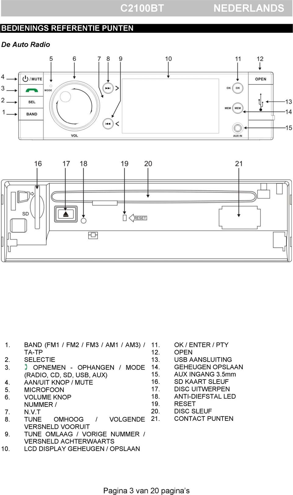 TUNE OMHOOG / VOLGENDE VERSNELD VOORUIT 9. TUNE OMLAAG / VORIGE NUMMER / VERSNELD ACHTERWAARTS 10. LCD DISPLAY GEHEUGEN / OPSLAAN 11.