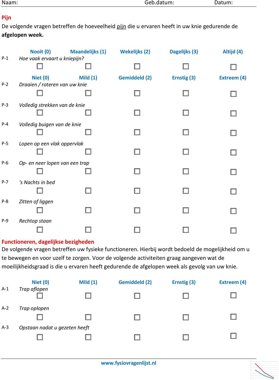 P-2 Draaien / roteren van uw knie P-3 Volledig strekken van de knie P-4 Volledig buigen van de knie P-5 Lopen op een vlak oppervlak P-6 Op- en neer lopen van een trap P-7 s Nachts in bed P-8 Zitten