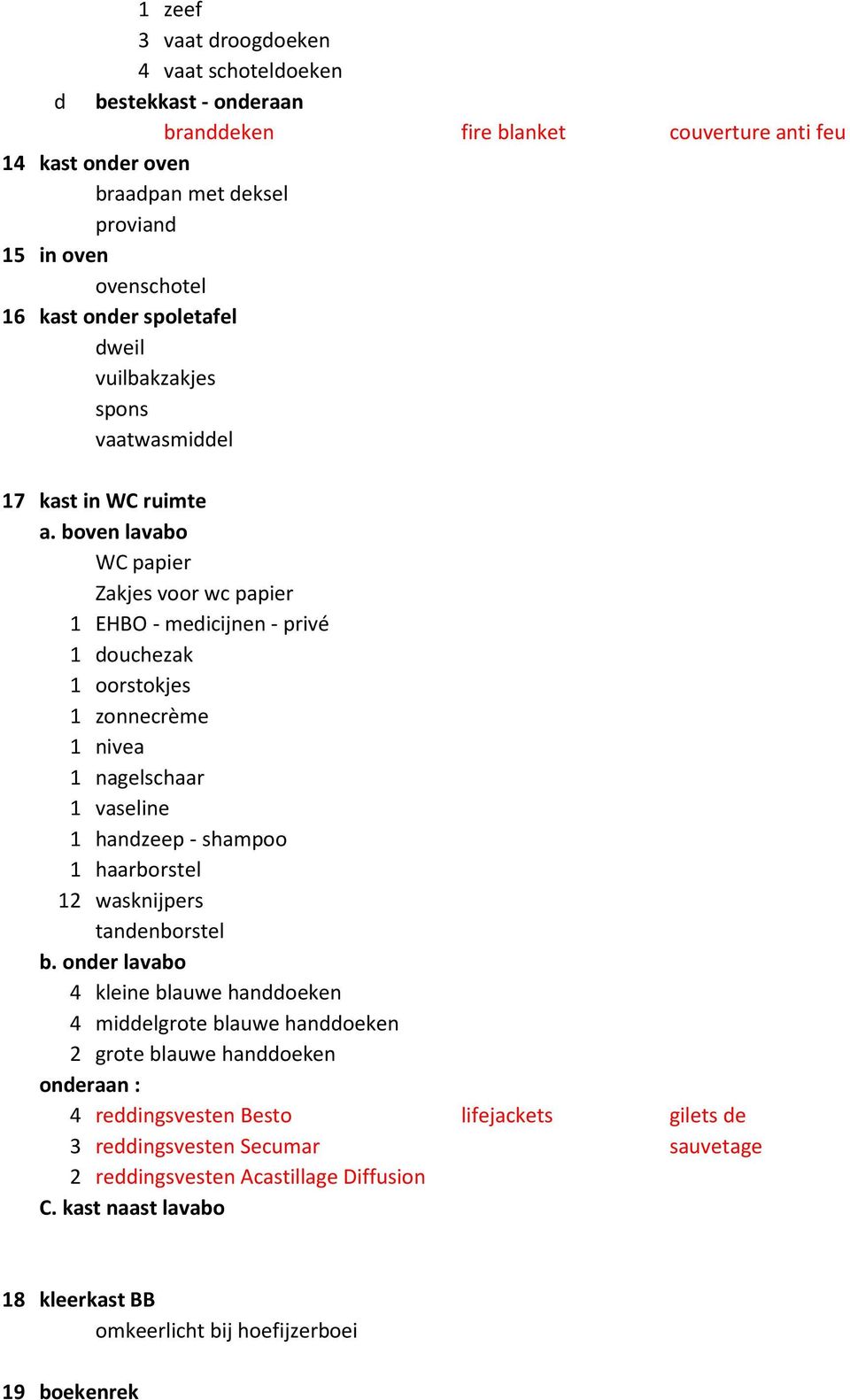 boven lavabo WC papier Zakjes voor wc papier 1 EHBO - medicijnen - privé 1 douchezak 1 oorstokjes 1 zonnecrème 1 nivea 1 nagelschaar 1 vaseline 1 handzeep - shampoo 1 haarborstel 12 wasknijpers