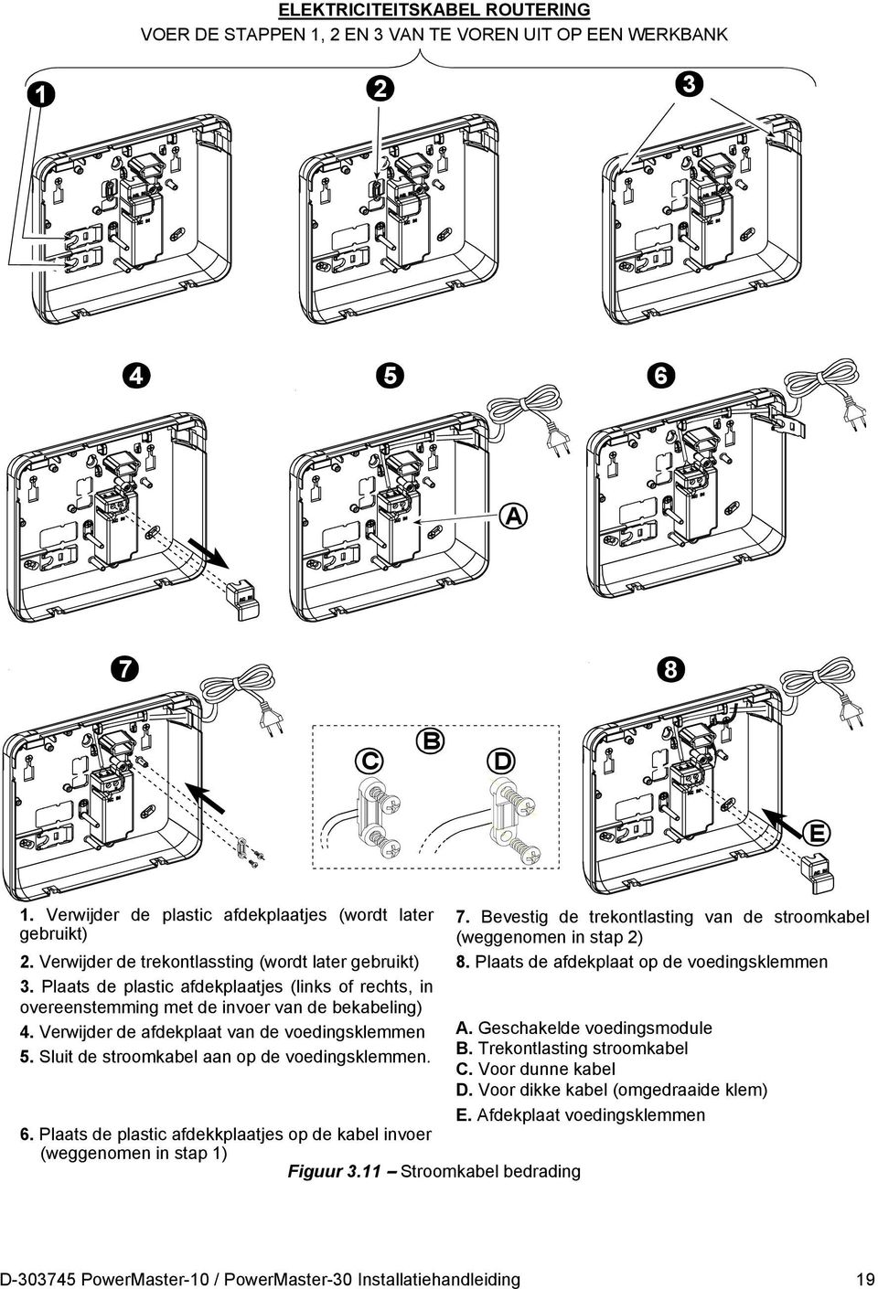 Plaats de plastic afdekplaatjes (links of rechts, in overeenstemming met de invoer van de bekabeling) 4. Verwijder de afdekplaat van de voedingsklemmen A. Geschakelde voedingsmodule 5.