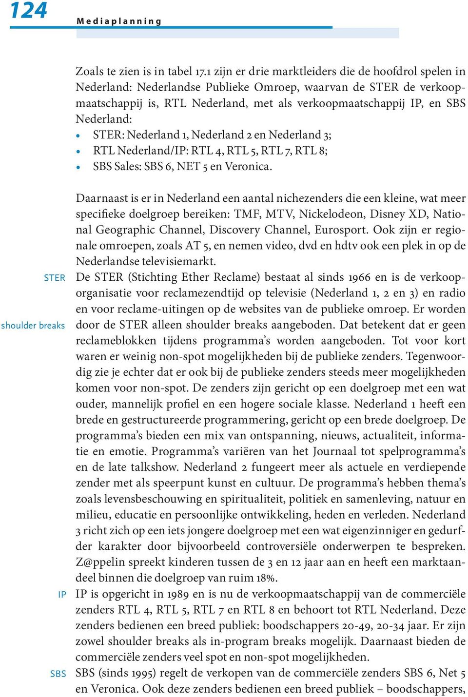 Nederland: STER: Nederland 1, Nederland 2 en Nederland 3; RTL Nederland/IP: RTL 4, RTL 5, RTL 7, RTL 8; SBS Sales: SBS 6, NET 5 en Veronica.
