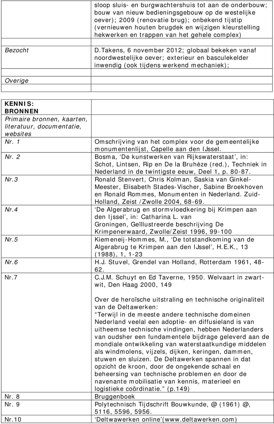 Takens, 6 november 2012; globaal bekeken vanaf noordwestelijke oever; exterieur en basculekelder inwendig (ook tijdens werkend mechaniek); Overige KENNIS: BRONNEN Primaire bronnen, kaarten,