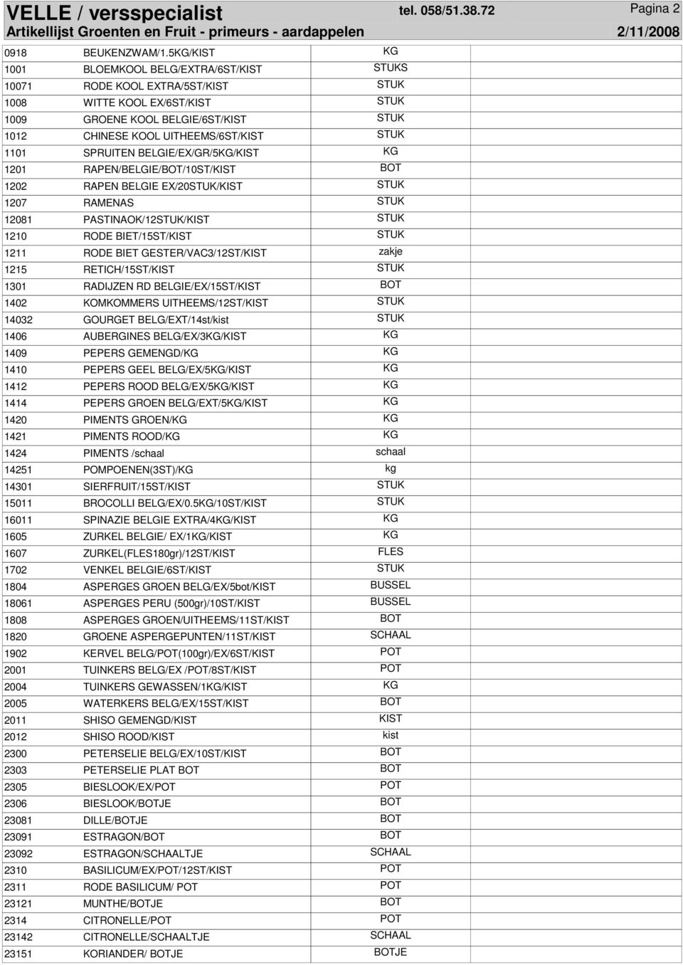 STUK 1101 SPRUITEN BELGIE/EX/GR/5KG/KIST KG 1201 RAPEN/BELGIE/BOT/10ST/KIST BOT 1202 RAPEN BELGIE EX/20STUK/KIST STUK 1207 RAMENAS STUK 12081 PASTINAOK/12STUK/KIST STUK 1210 RODE BIET/15ST/KIST STUK