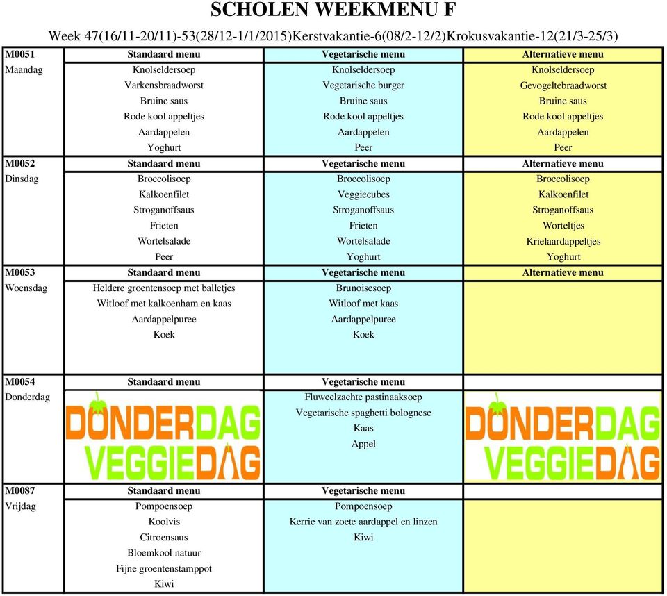 menu Vegetarische menu Alternatieve menu Dinsdag soep soep soep Kalkoenfilet Veggiecubes Kalkoenfilet Stroganoffsaus Stroganoffsaus Stroganoffsaus Frieten Frieten Worteltjes Wortelsalade Wortelsalade