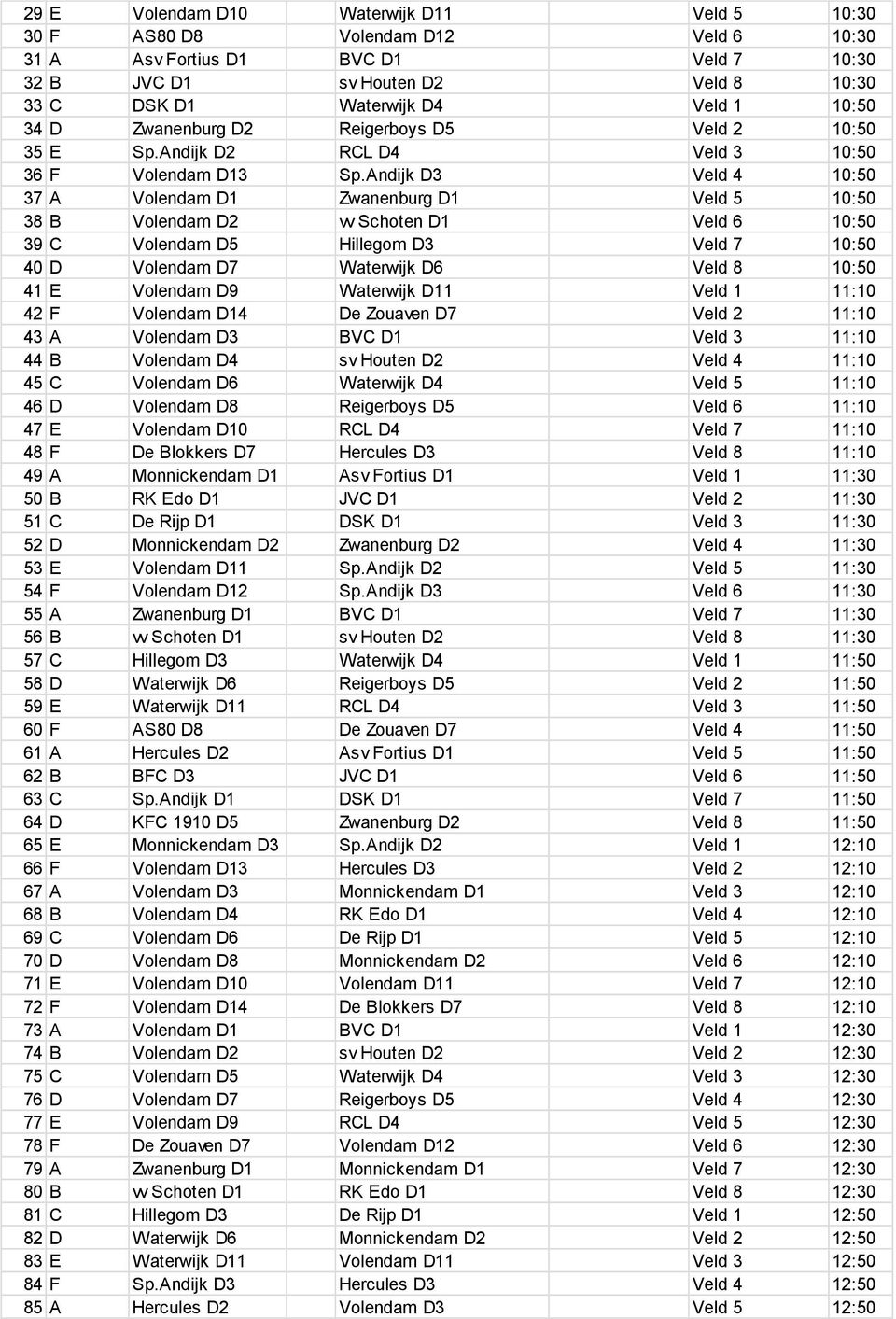 Andijk D3 Veld 4 10:50 37 A Volendam D1 Zwanenburg D1 Veld 5 10:50 38 B Volendam D2 vv Schoten D1 Veld 6 10:50 39 C Volendam D5 Hillegom D3 Veld 7 10:50 40 D Volendam D7 Waterwijk D6 Veld 8 10:50 41