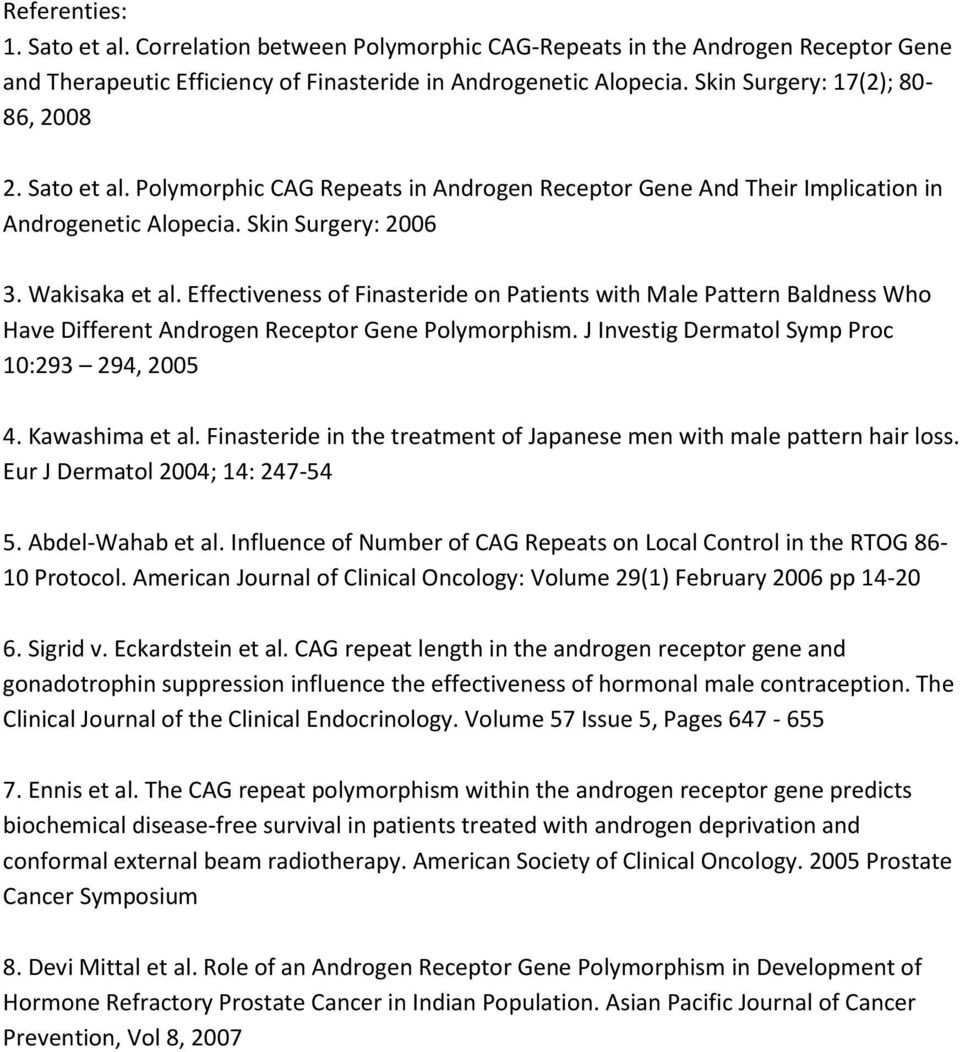 Effectiveness of Finasteride on Patients with Male Pattern Baldness Who Have Different Androgen Receptor Gene Polymorphism. J Investig Dermatol Symp Proc 10:293 294, 2005 4. Kawashima et al.