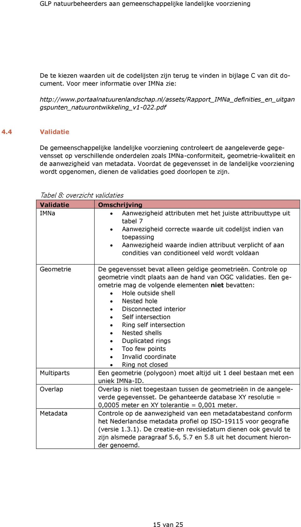 4 Validatie De gemeenschappelijke landelijke voorziening controleert de aangeleverde gegevensset op verschillende onderdelen zoals IMNa-conformiteit, geometrie-kwaliteit en de aanwezigheid van