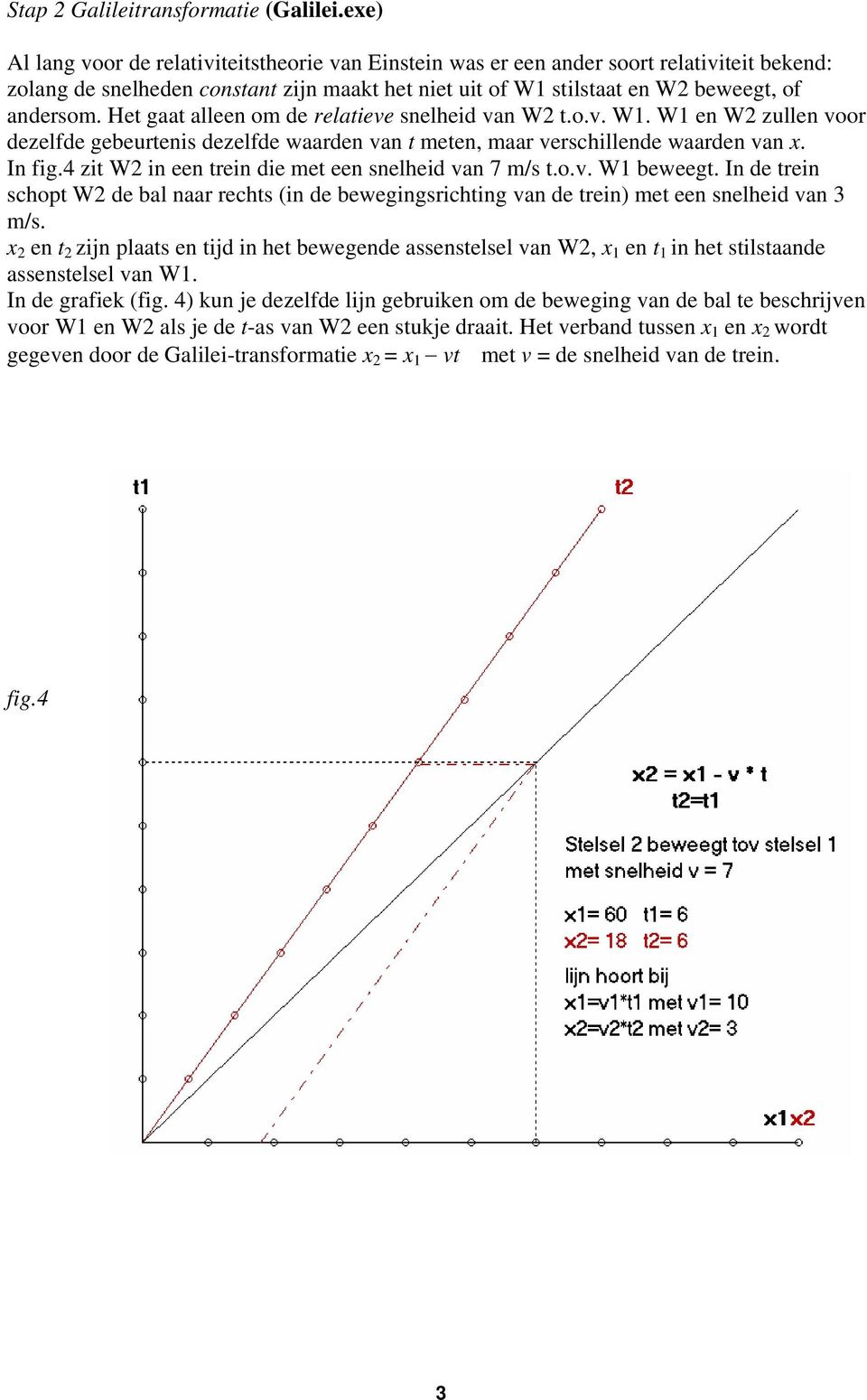 Het gaat alleen om de relatieve snelheid van W t.o.v. W1. W1 en W zullen voor dezelfde gebeurtenis dezelfde waarden van t meten, maar verschillende waarden van x. In fig.