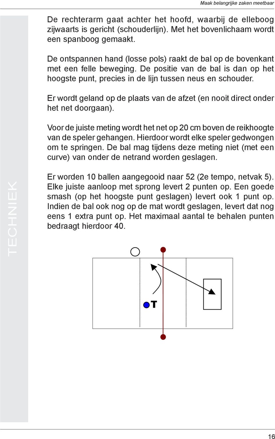 Er wordt geland op de plaats van de afzet (en nooit direct onder het net doorgaan). Voor de juiste meting wordt het net op 20 cm boven de reikhoogte van de speler gehangen.