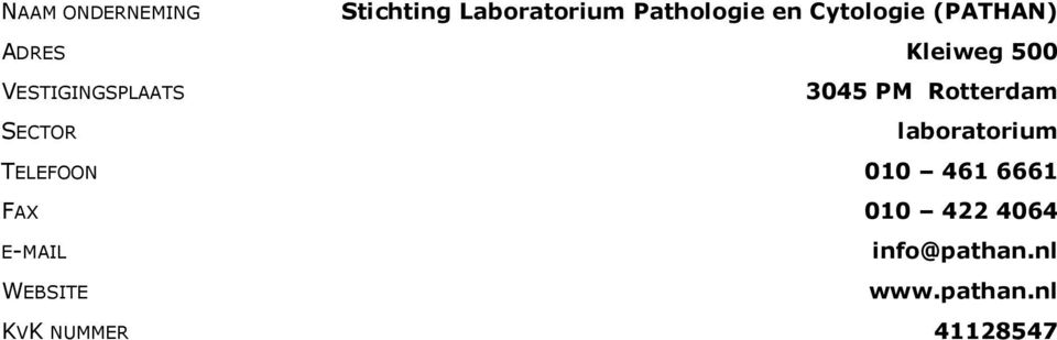 Rotterdam SECTOR laboratorium TELEFOON 010 461 6661 FAX 010