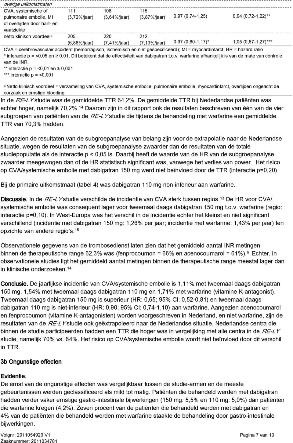 ratio * interactie p = <0,05 en 0,01. Dit betekent dat de effectiviteit van dabigatran t.o.v. warfarine afhankelijk is van de mate van controle van de INR.