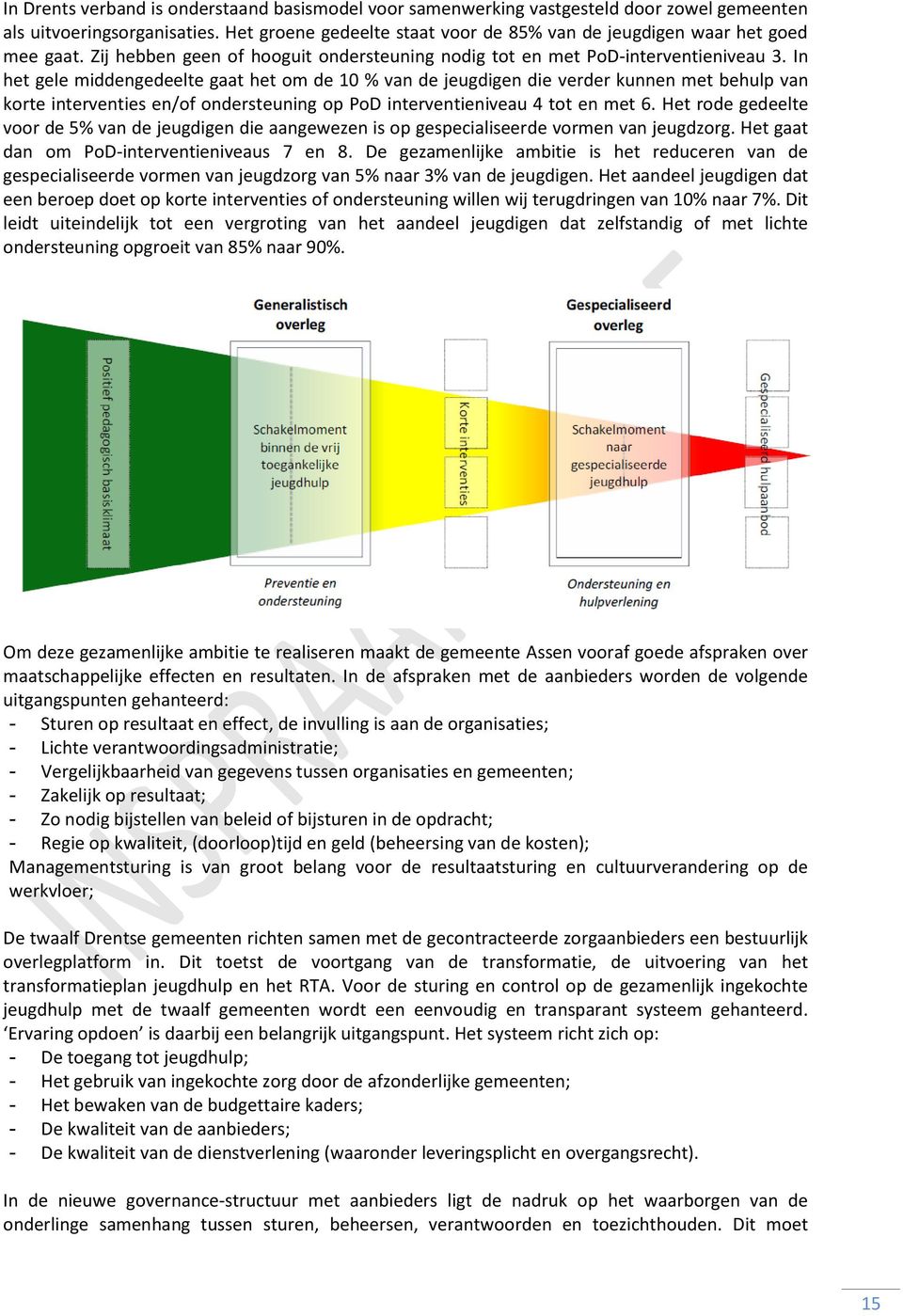 In het gele middengedeelte gaat het om de 10 % van de jeugdigen die verder kunnen met behulp van korte interventies en/of ondersteuning op PoD interventieniveau 4 tot en met 6.