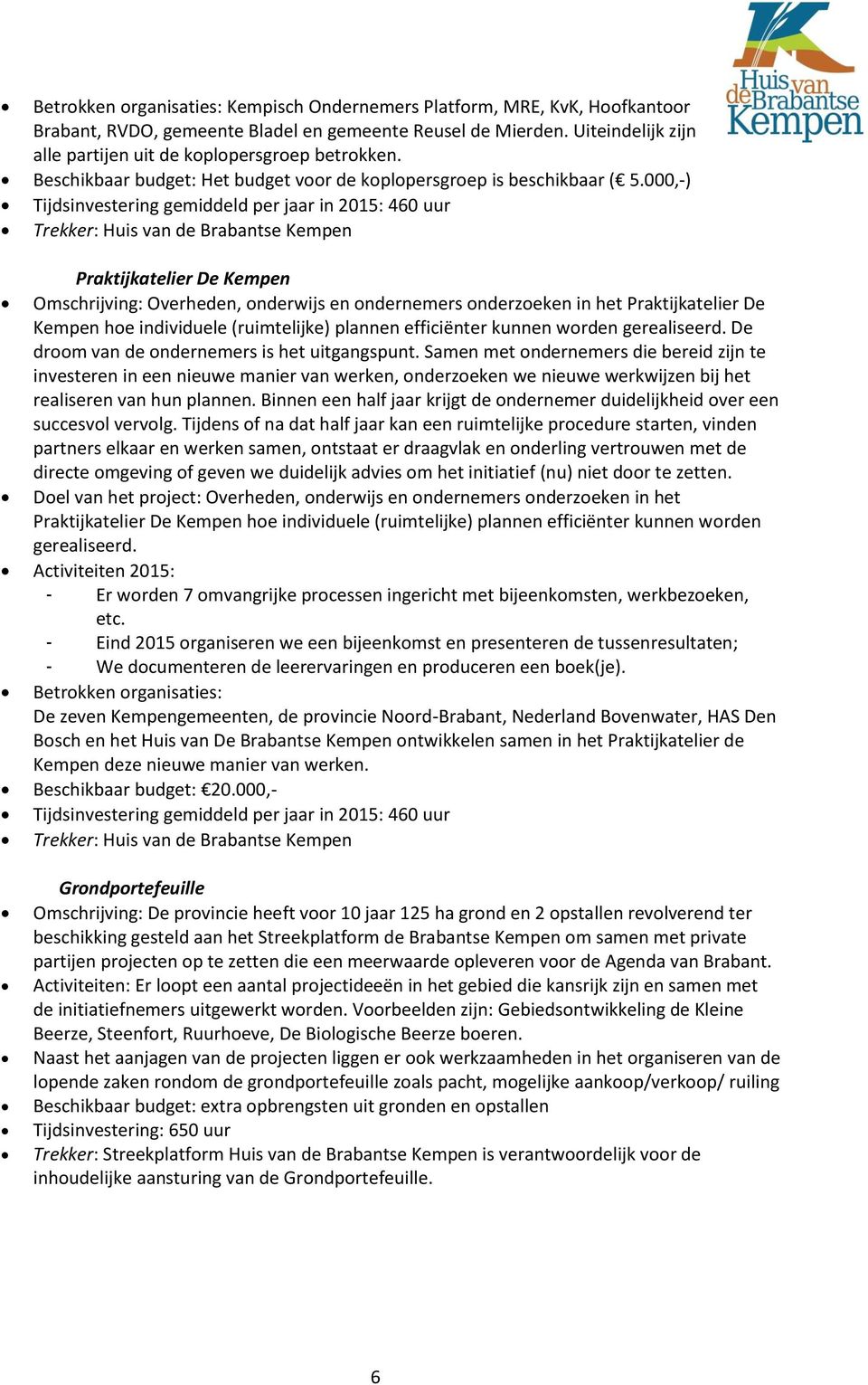 000,-) Tijdsinvestering gemiddeld per jaar in 2015: 460 uur Trekker: Huis van de Brabantse Kempen Praktijkatelier De Kempen Omschrijving: Overheden, onderwijs en ondernemers onderzoeken in het