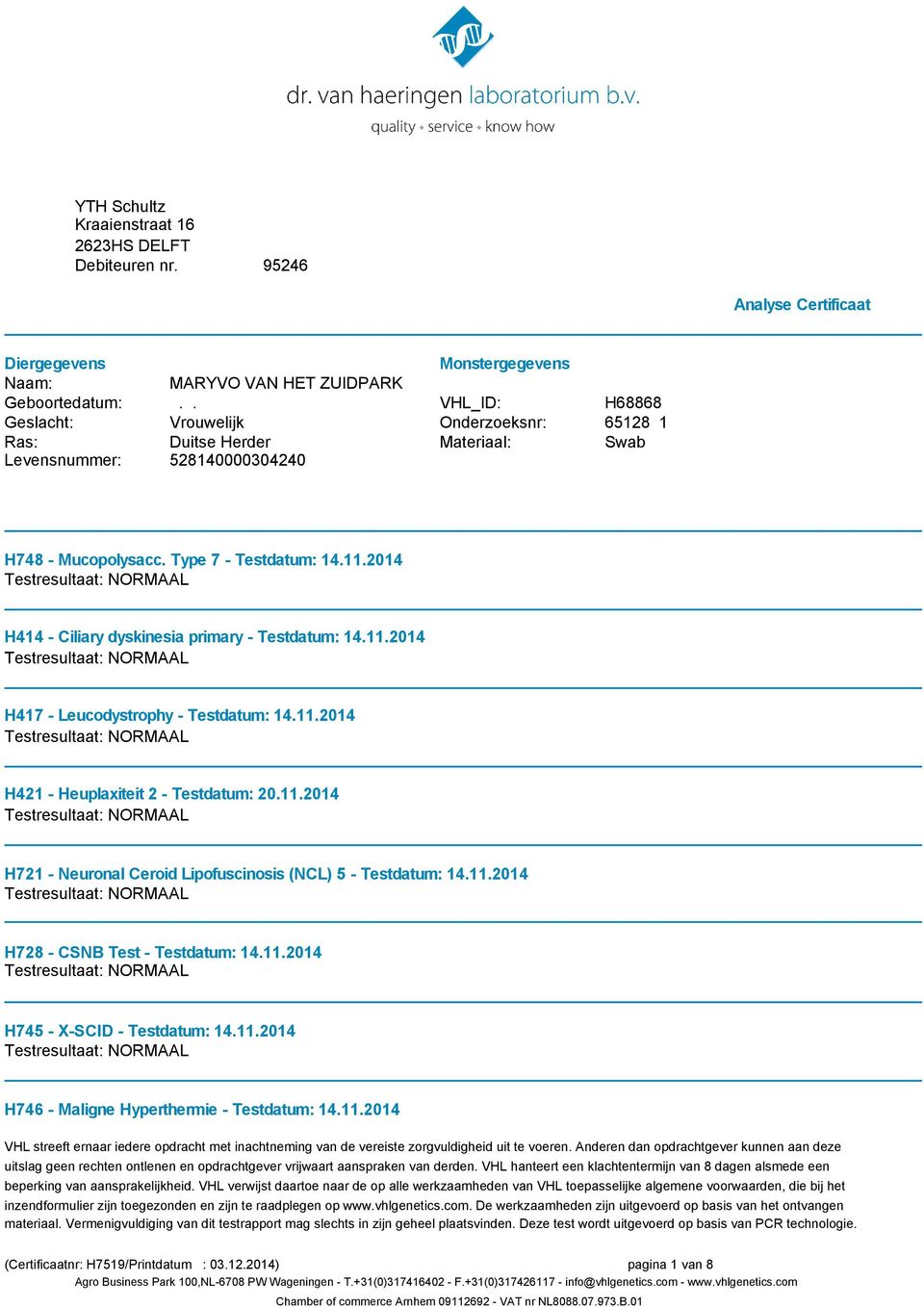 2014 H414 - Ciliary dyskinesia primary - Testdatum: 14.11.2014 H417 - Leucodystrophy - Testdatum: 14.11.2014 H421 - Heuplaxiteit 2 - Testdatum: 20.11.2014 H721 - Neuronal Ceroid Lipofuscinosis (NCL) 5 - Testdatum: 14.