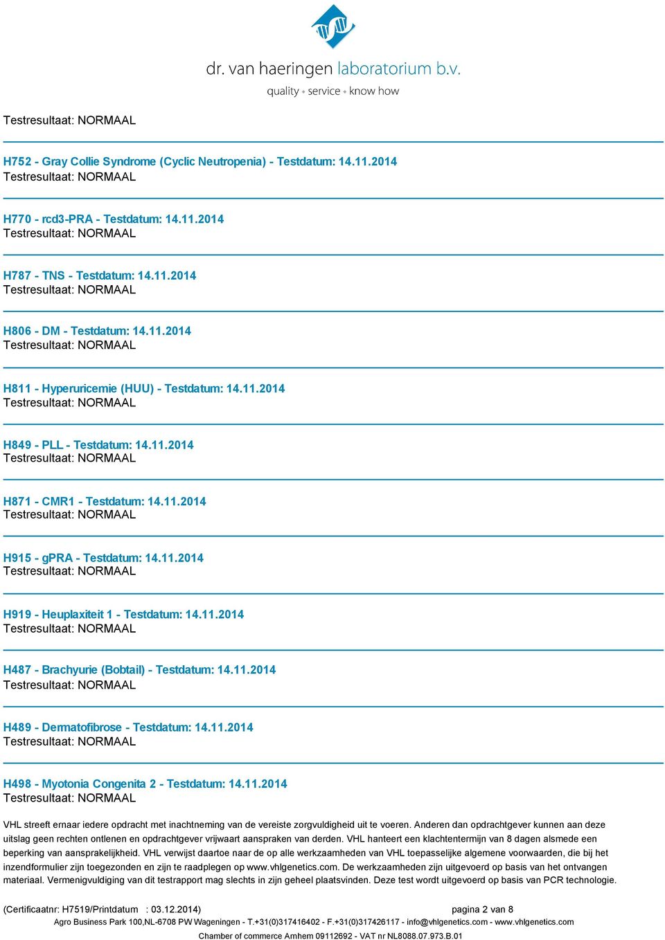 11.2014 H919 - Heuplaxiteit 1 - Testdatum: 14.11.2014 H487 - Brachyurie (Bobtail) - Testdatum: 14.11.2014 H489 - Dermatofibrose - Testdatum: 14.11.2014 H498 - Myotonia Congenita 2 - Testdatum: 14.