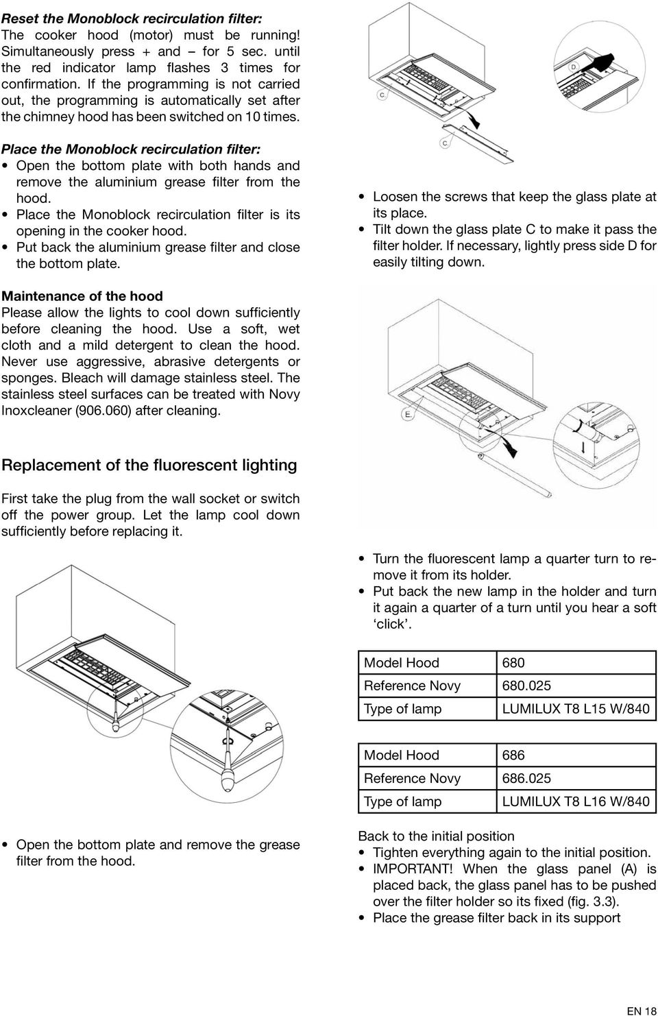 Place the Monoblock recirculation filter: Open the bottom plate with both hands and remove the aluminium grease filter from the hood.