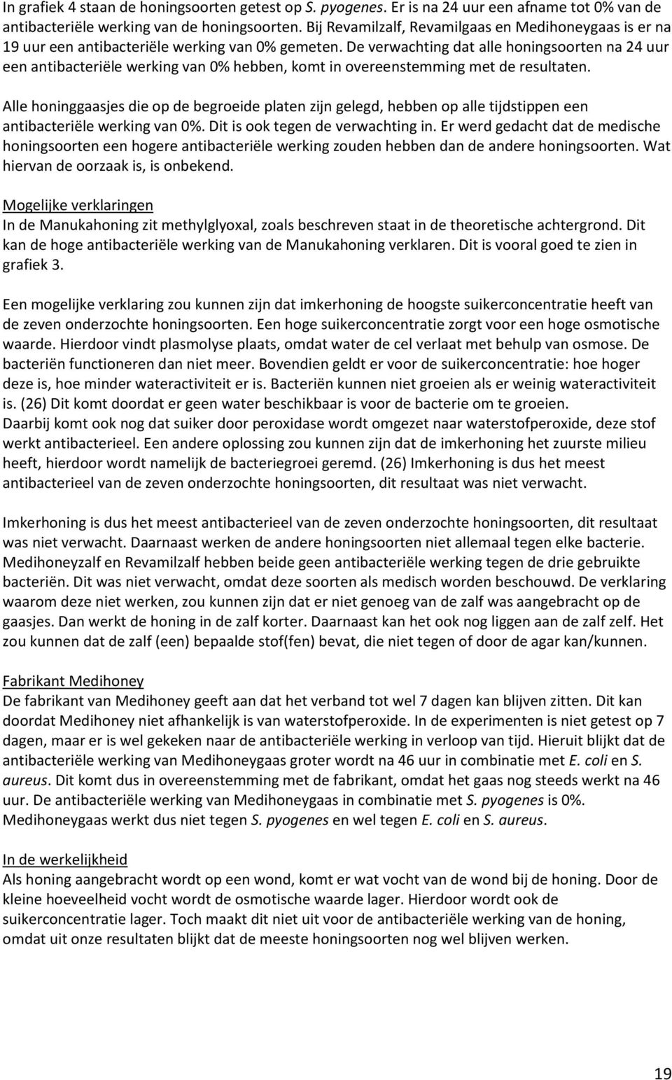 De verwachting dat alle honingsoorten na 24 uur een antibacteriële werking van 0% hebben, komt in overeenstemming met de resultaten.