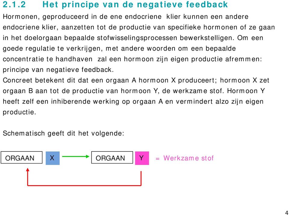 Om een goede regulatie te verkrijgen, met andere woorden om een bepaalde concentratie te handhaven zal een hormoon zijn eigen productie afremmen: principe van negatieve feedback.