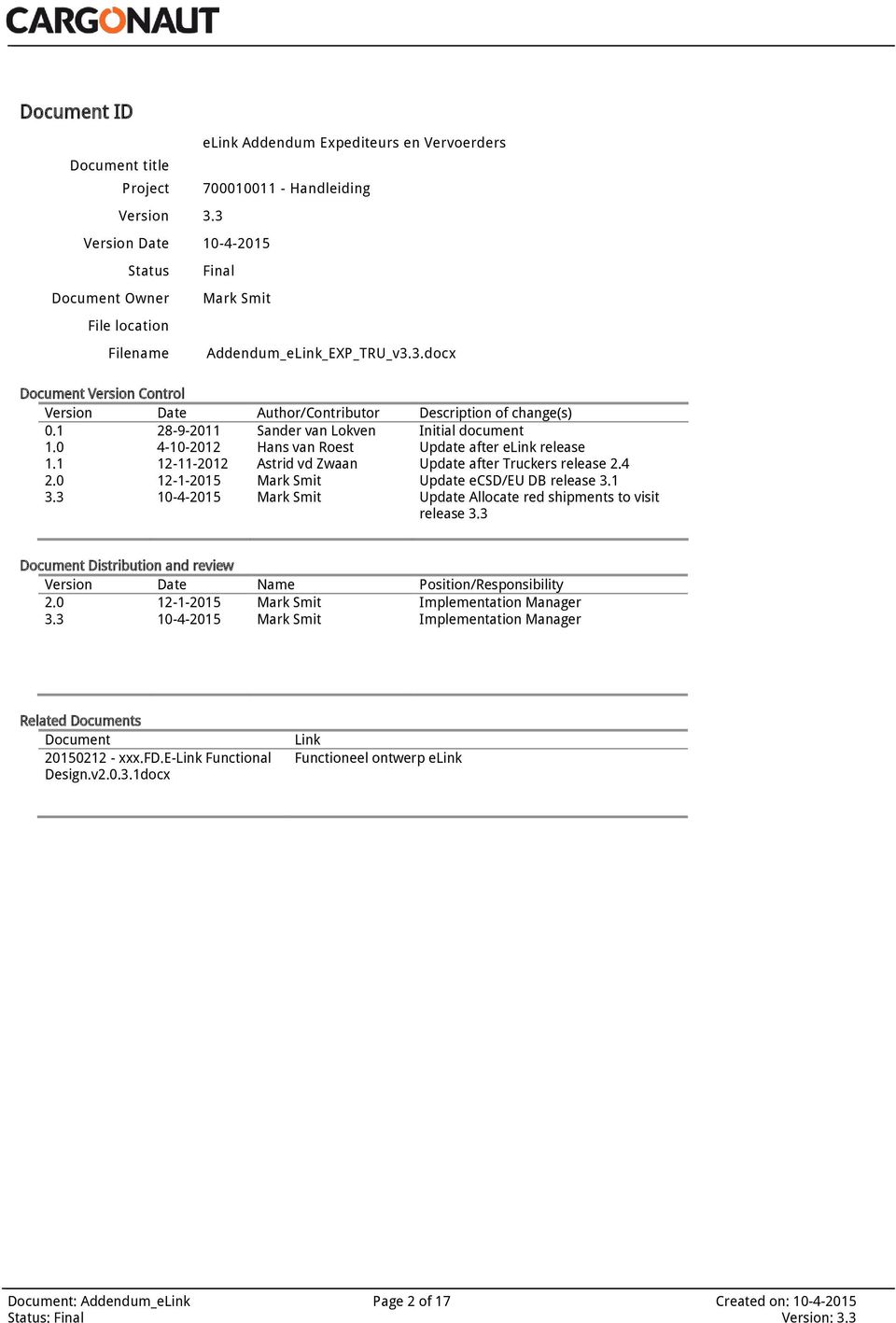 1 28-9-2011 Sader va Lokve Iitial documet 1.0 4-10-2012 Has va Roest Update after elik release 1.1 2.0 3.