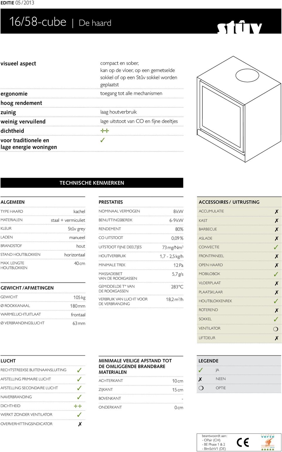 kachel Nominaal vermogen 8 kw accumulatie Materialen staal + vermiculiet enuttingsbereik 6-9 kw Kast kleur Stûv grey rendement 80% barbecue Laden manueel randstof hout Stand houtblokken horizontaal