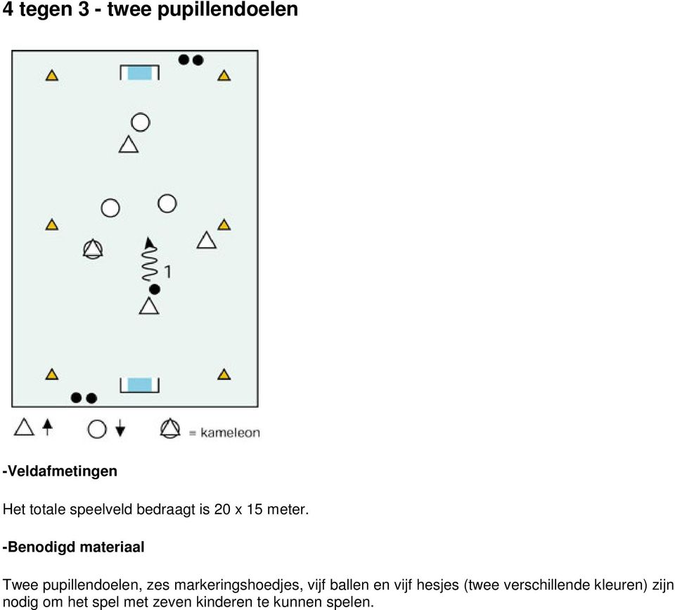 Twee pupillendoelen, zes markeringshoedjes, vijf ballen en