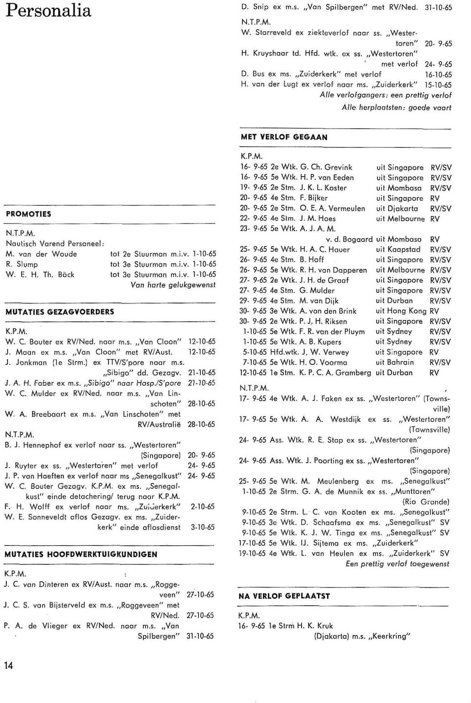 , Zuiderke rk" 15-10-65 Aile verlofgangers: een prettig verlof Aile herplaatsten: g oede vaart MET VERLOF GEGAAN PROMOTIES N.T.P.M. Nautisch Varend Personeel: M. van der Waude R. Slump W. E. H. Th.