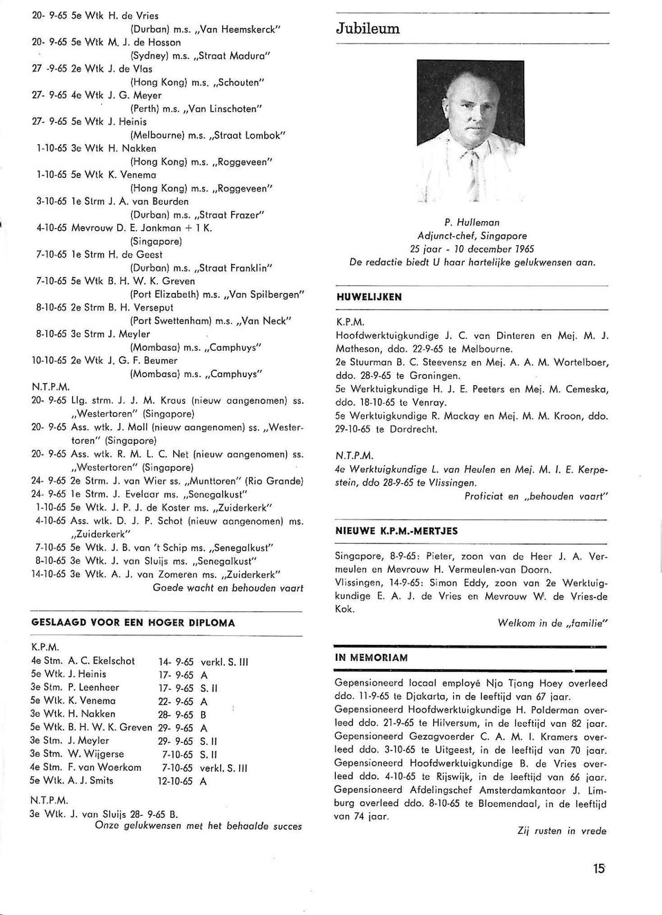 A. van Beurden (Durban) m.s.,stroot Frazer" 4-10-65 Mevrouw D. E. Jonkman + 1 K. (Singapore) 7-10-65 1e Strm H. de G eest (Durban) m.s.,stroot Franklin" 7-10-65 5e Wtk B. H. W. K. Greven (Port Elizabeth) m.