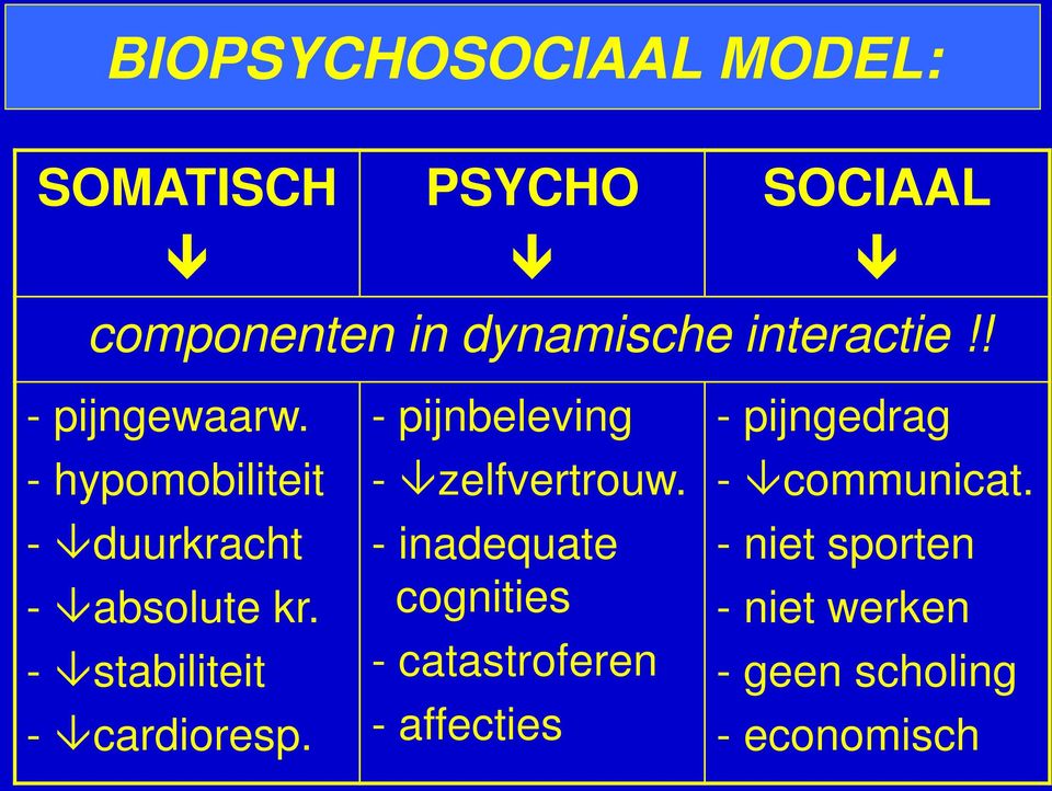 - stabiliteit - cardioresp. - pijnbeleving - zelfvertrouw.