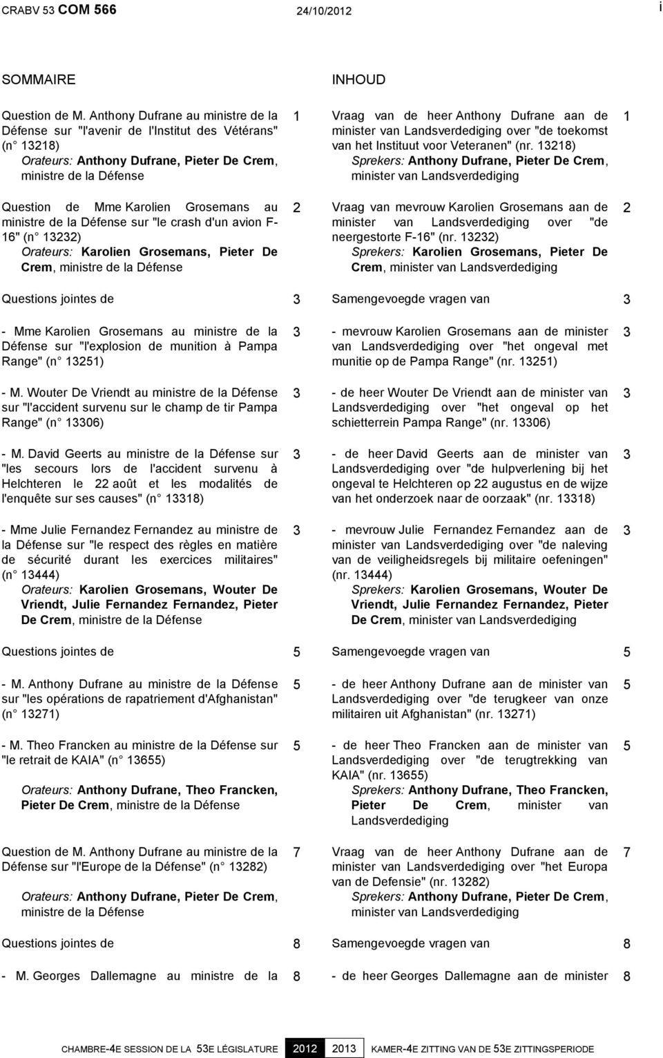 ministre de la Défense sur "le crash d'un avion F- 16" (n 13232) Orateurs: Karolien Grosemans, Pieter De Crem, ministre de la Défense INHOUD 1 Vraag van de heer Anthony Dufrane aan de minister van