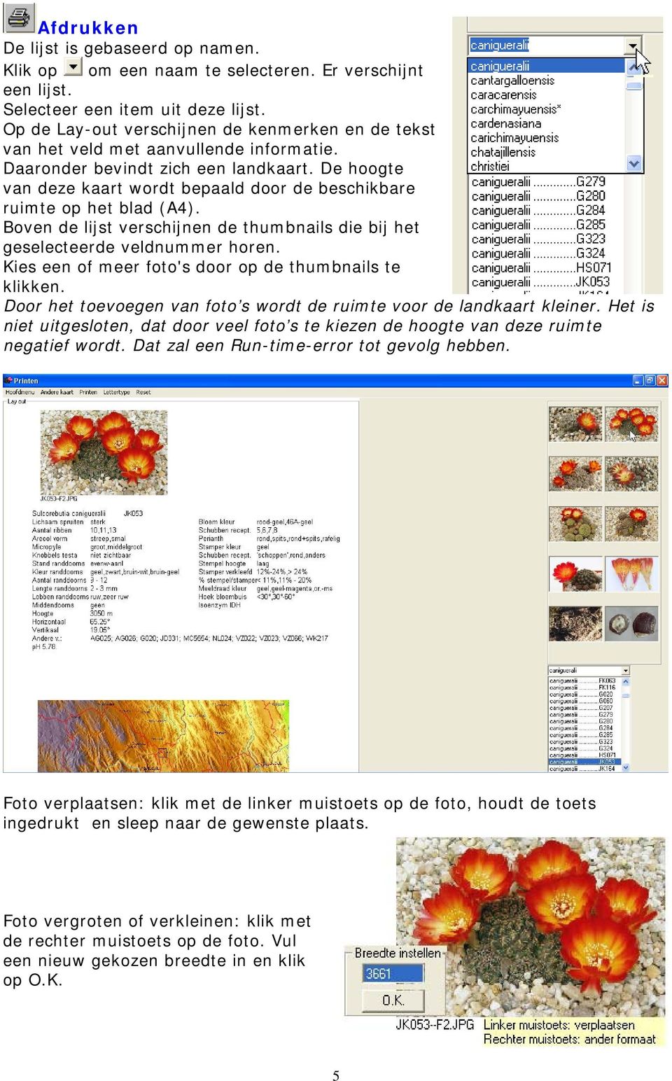 De hoogte van deze kaart wordt bepaald door de beschikbare ruimte op het blad (A4). Boven de lijst verschijnen de thumbnails die bij het geselecteerde veldnummer horen.